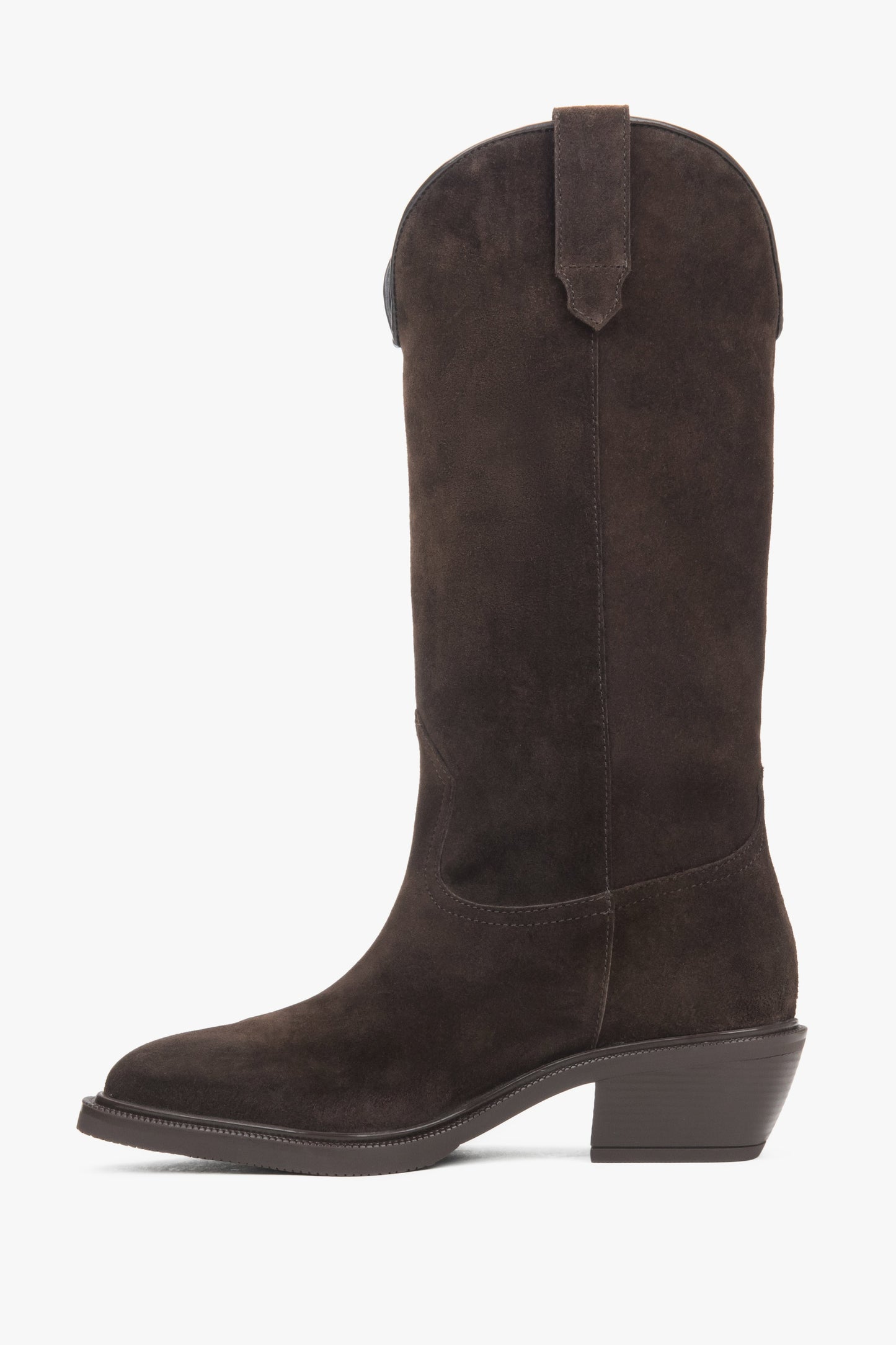 Kowbojki damskie Estro ER00118325, ciemnobrązowe, wysokie, z włoskiego weluru naturalnego Premium.