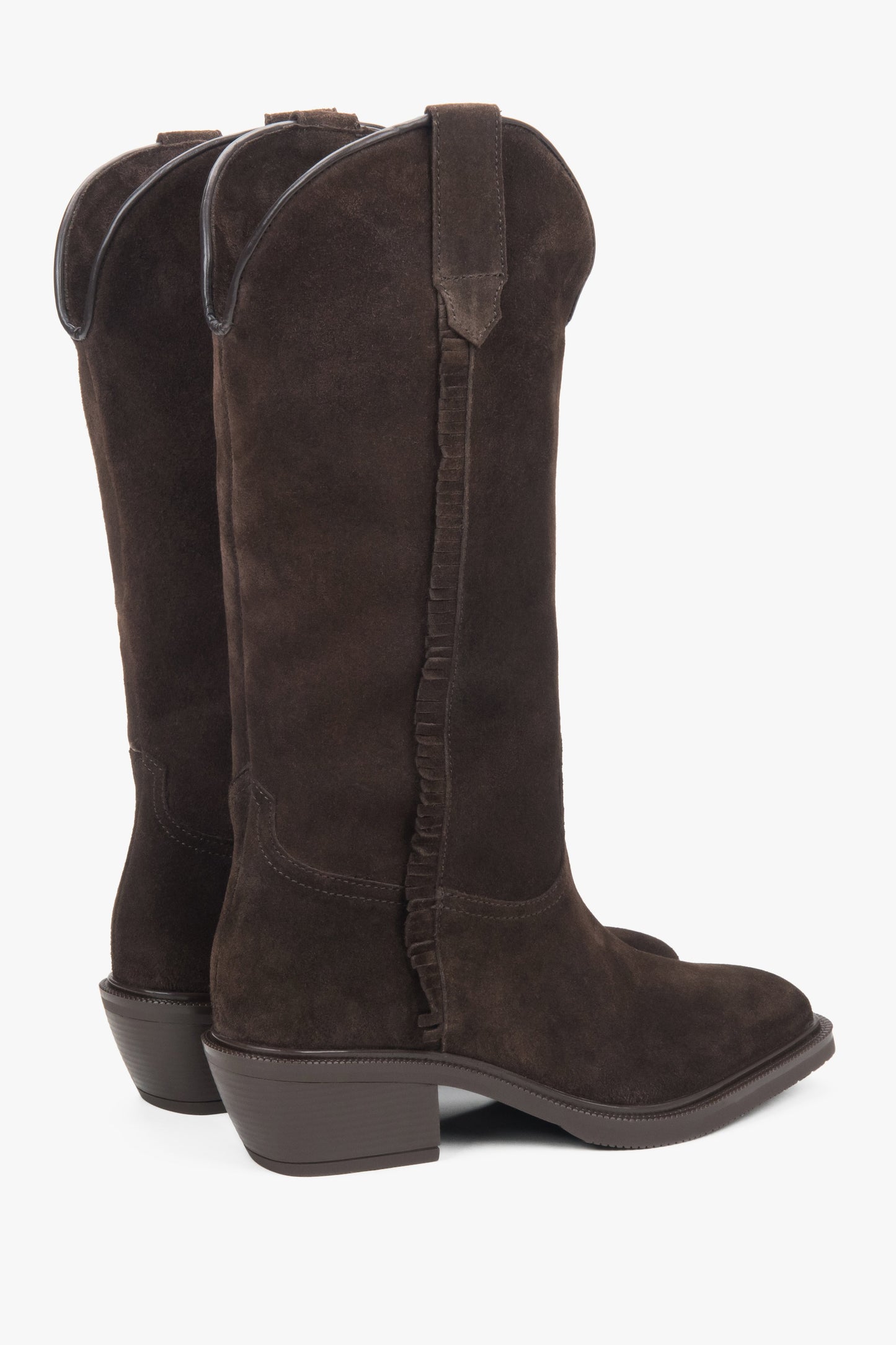 Z włoskiego weluru naturalnego Premium, ciemnobrązowe, wysokie kowbojki damskie Estro ER00118325.