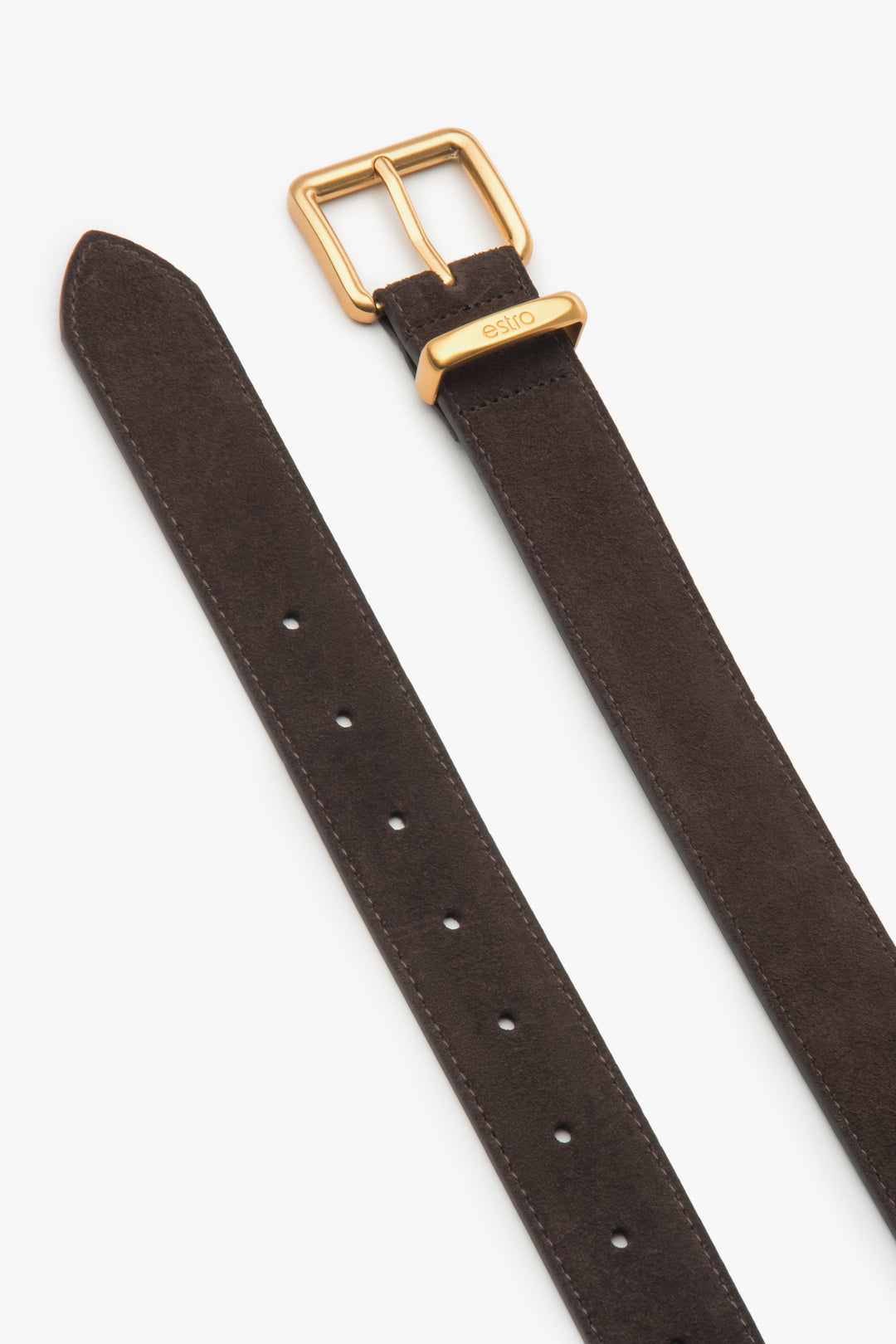 Damski ciemnobrązowy pasek z weluru naturalnego ze złotymi okuciami Estro.