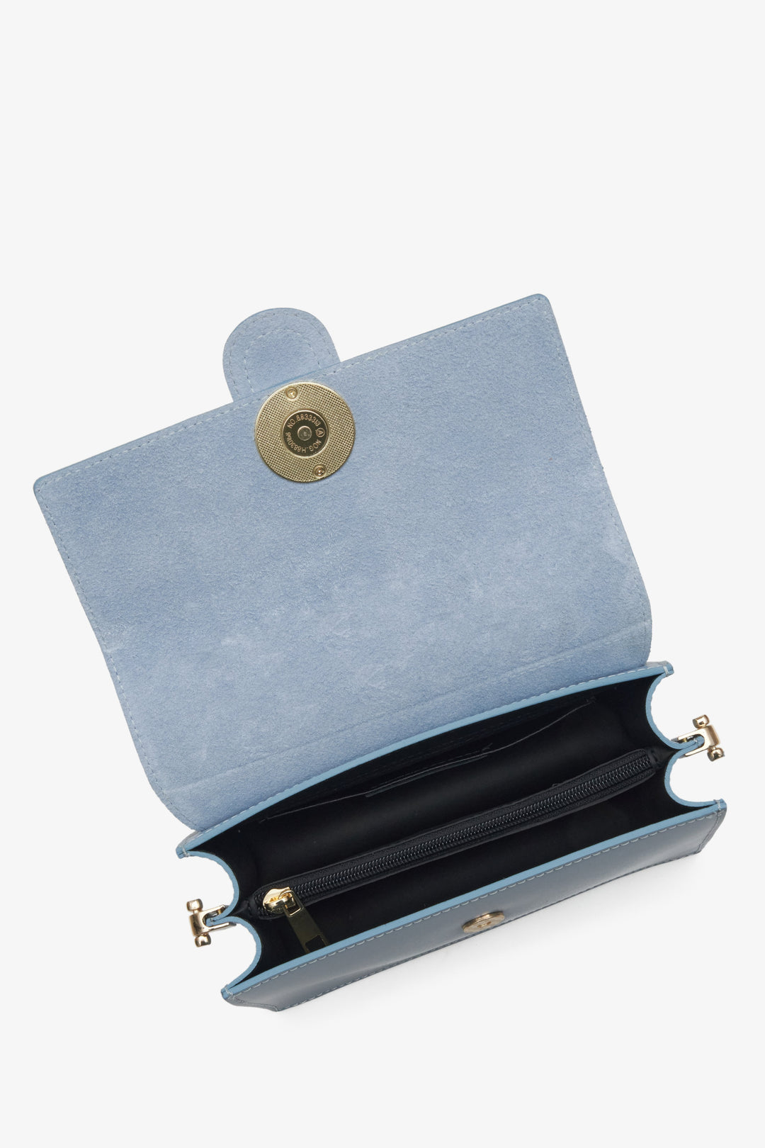 Skórzana jasnoniebieska torebka damska Estro - prezentacja wnętrza modelu.