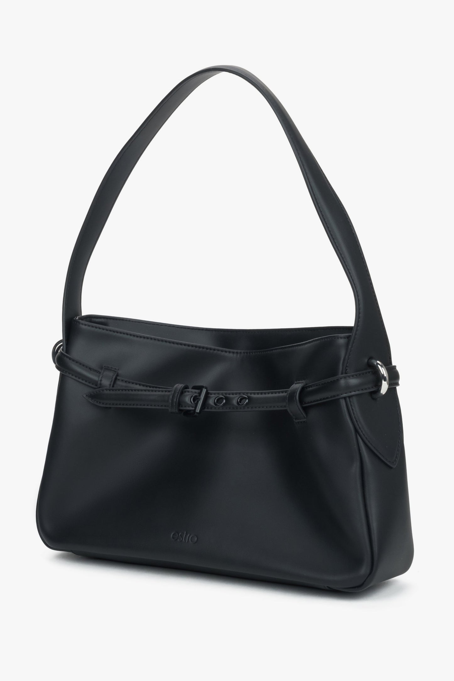 Stylowa czarna torebka damska z naturalnej skóry, wyróżniona dekoracyjnym paskiem.