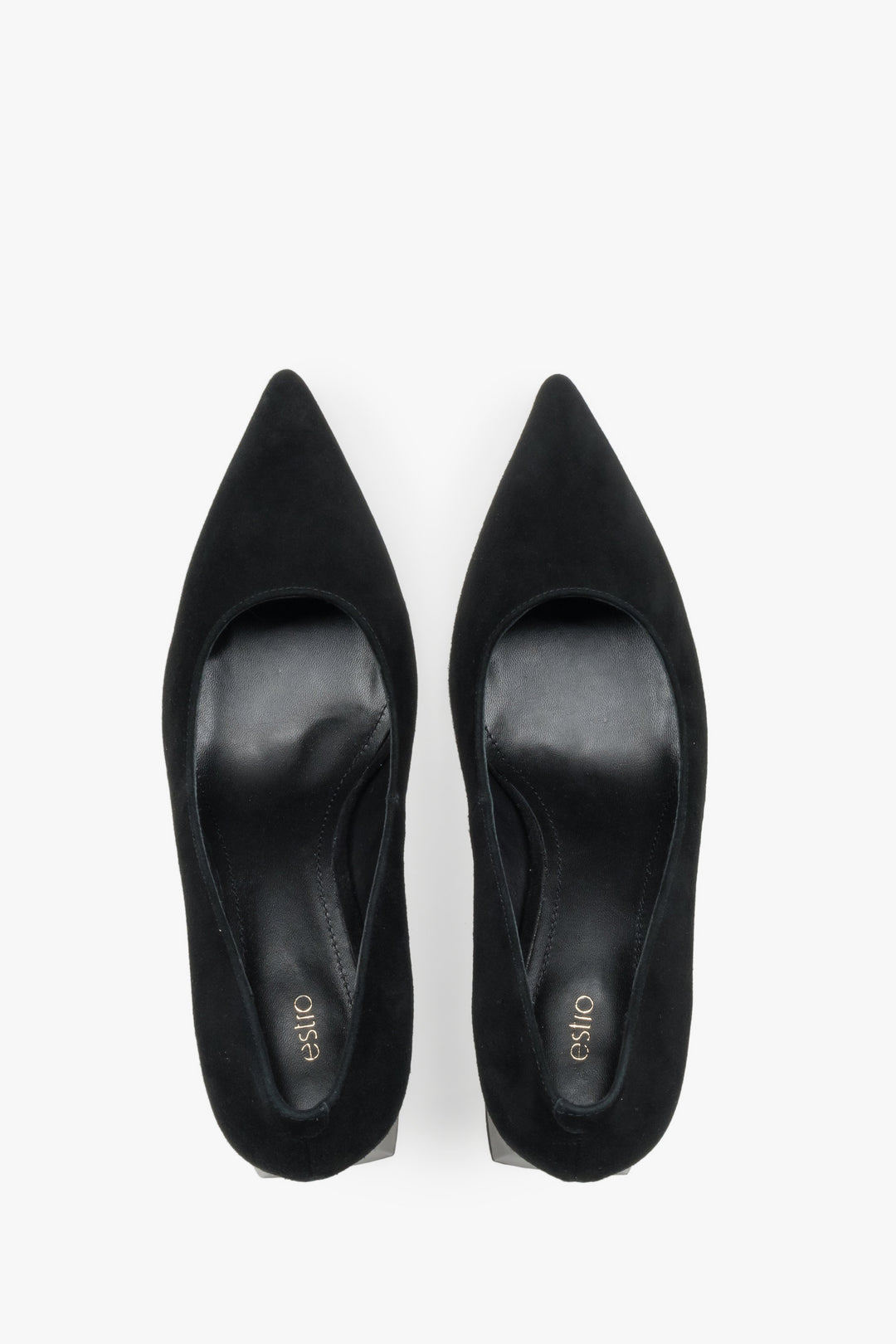 Buty damskie na stabilnym słupku, czarne, z weluru naturalnego, z czubkiem w szpic, Estro.