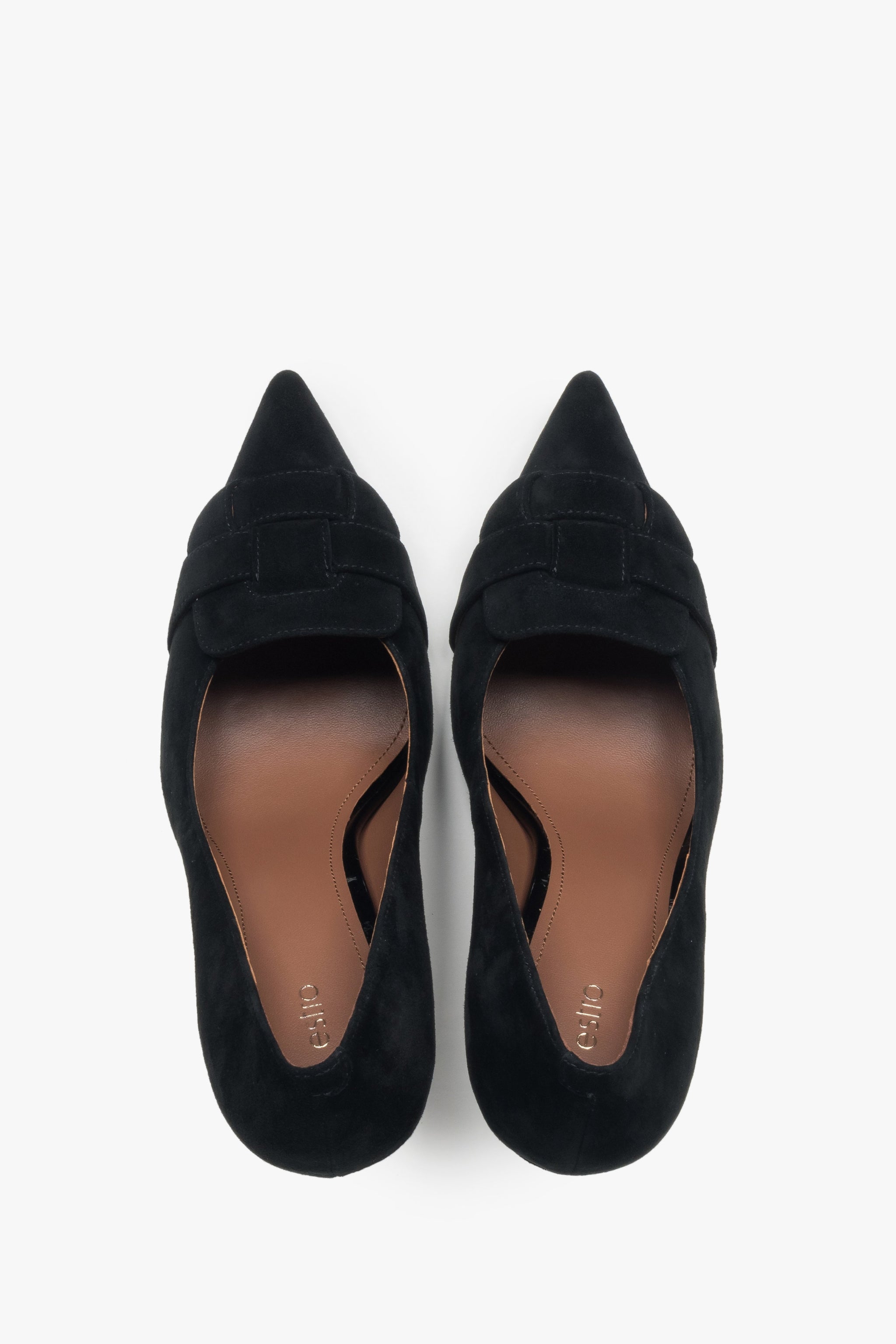 Buty na wysokim obcasie, czarne, z ozdobną aplikacją z weluru naturalnego, Estro.