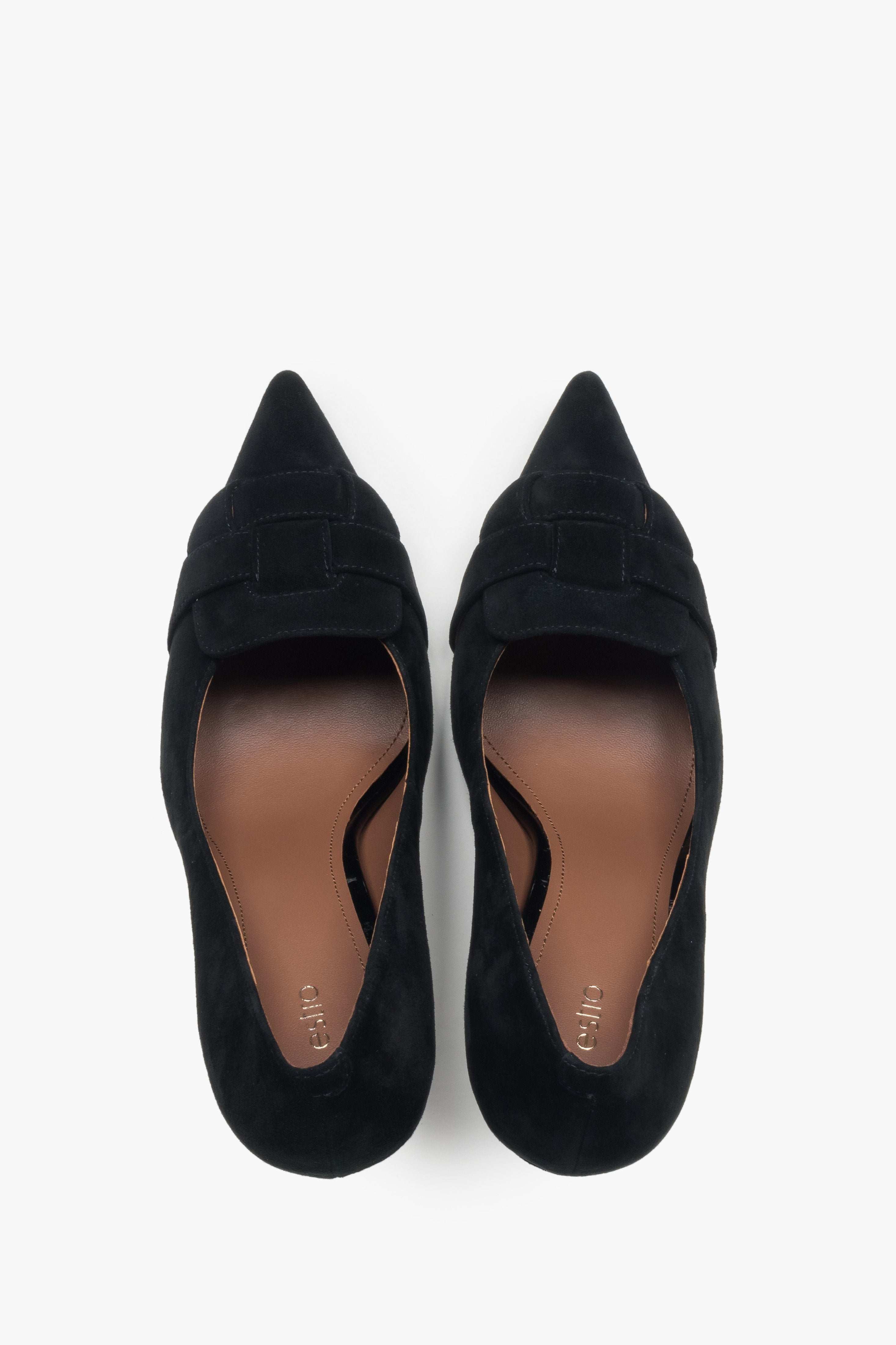 Buty na wysokim obcasie, czarne, z ozdobną aplikacją z weluru naturalnego, Estro.