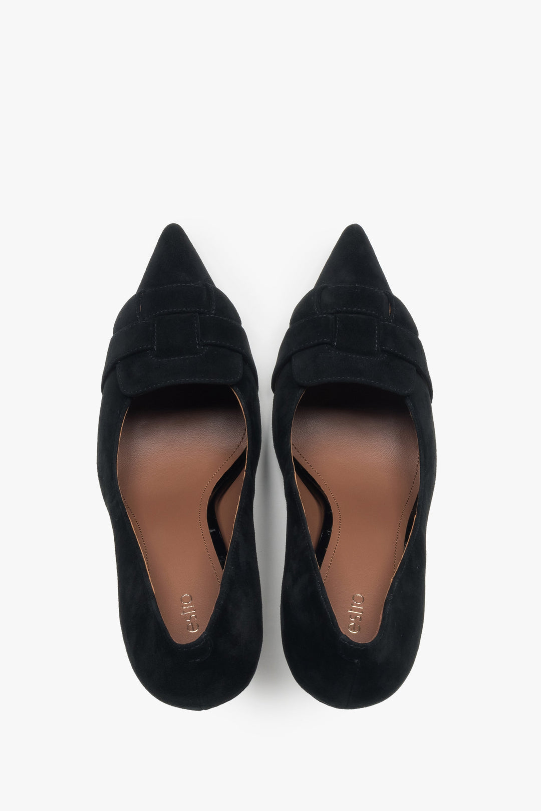 Buty na wysokim obcasie, czarne, z ozdobną aplikacją z weluru naturalnego, Estro.