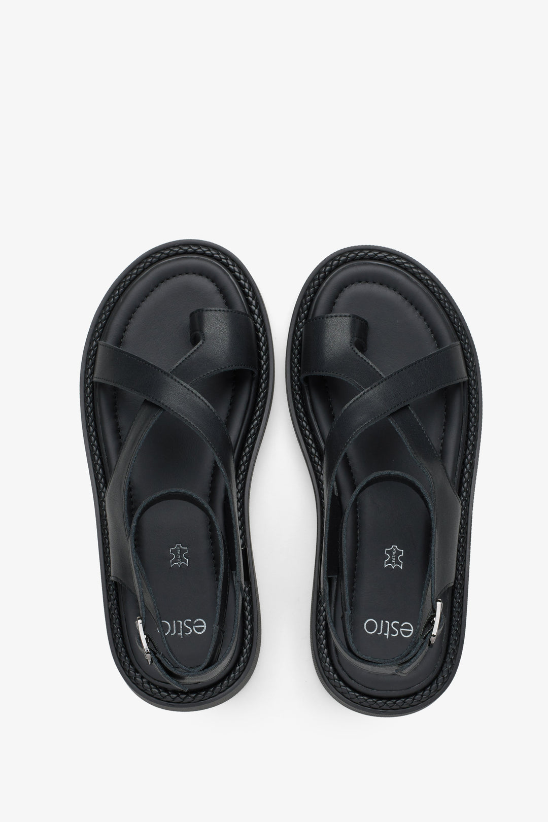 Sandały damskie casualowe, czarne, na grubej podeszwie, ze skóry naturalnej, Estro.