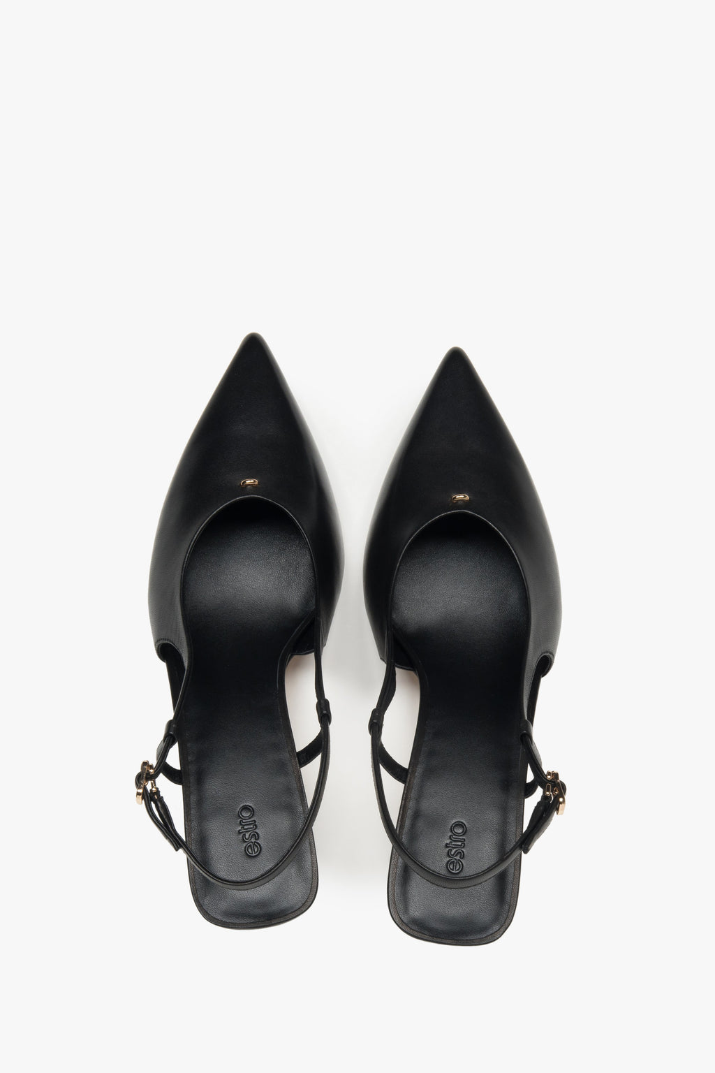 Czółenka damskie z odkrytą piętą typu slingback, czarne, na stabilnej szpilce, Estro.