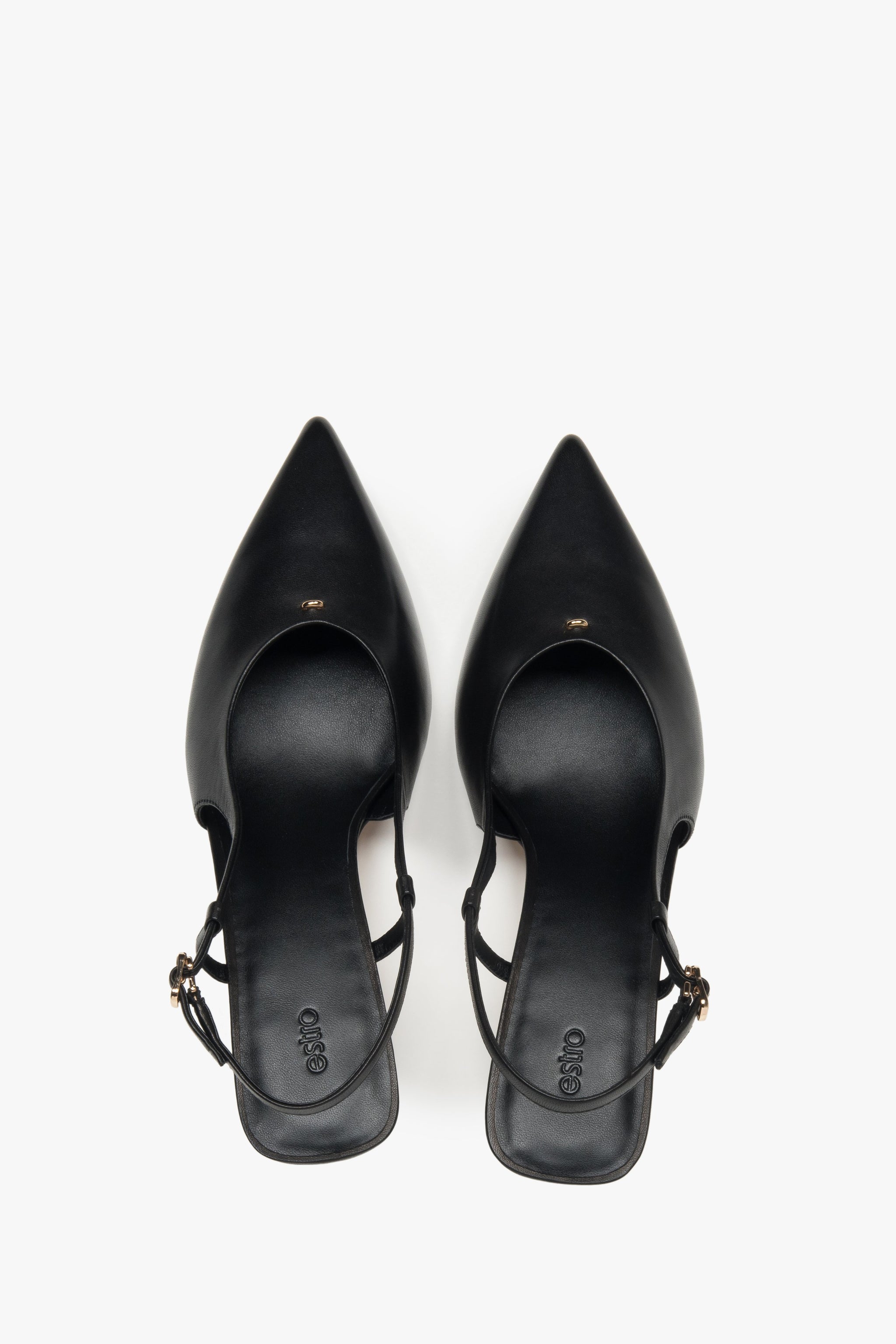 Czółenka damskie z odkrytą piętą typu slingback, czarne, na stabilnej szpilce, Estro.