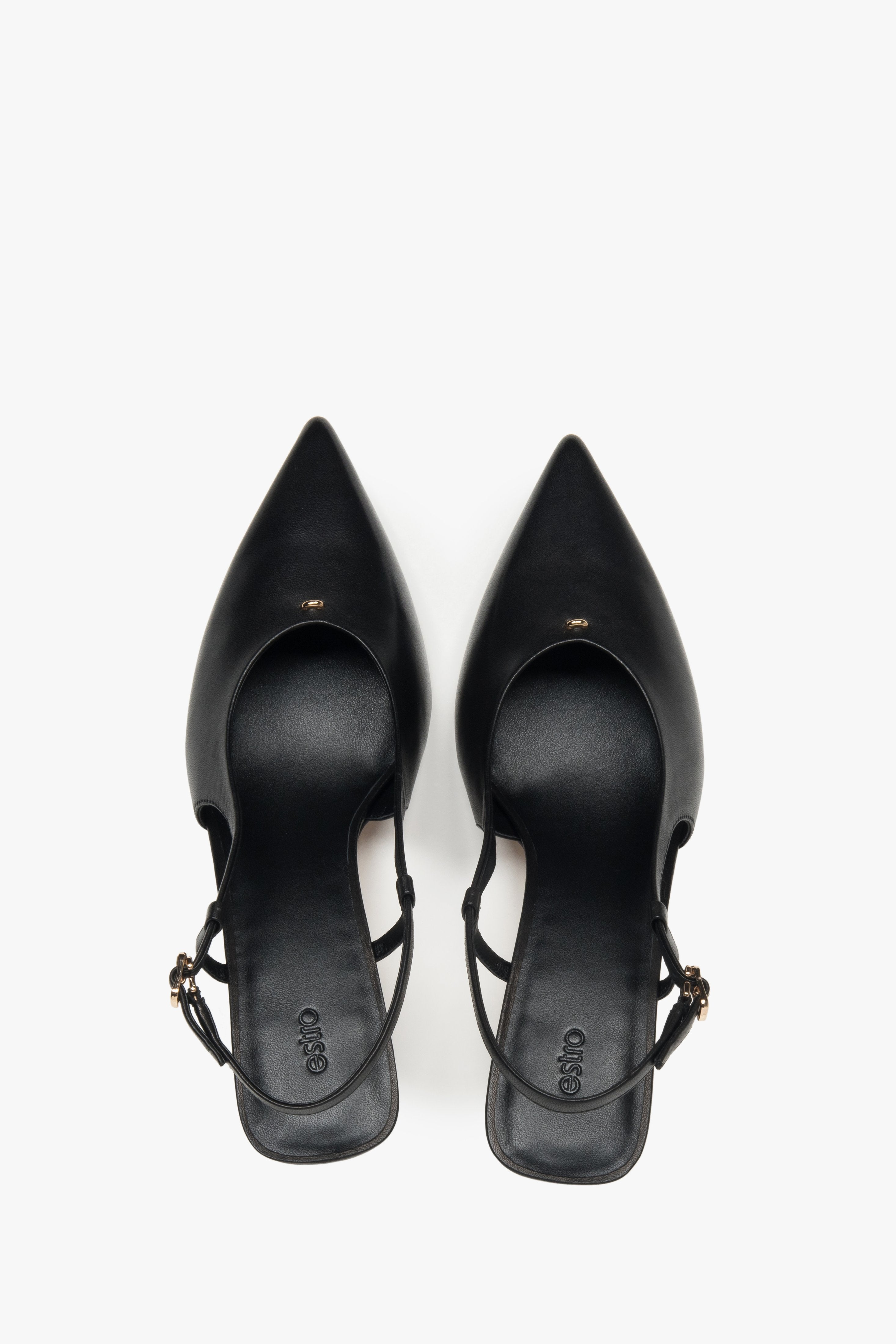 Czółenka damskie z odkrytą piętą typu slingback, czarne, na stabilnej szpilce, Estro.