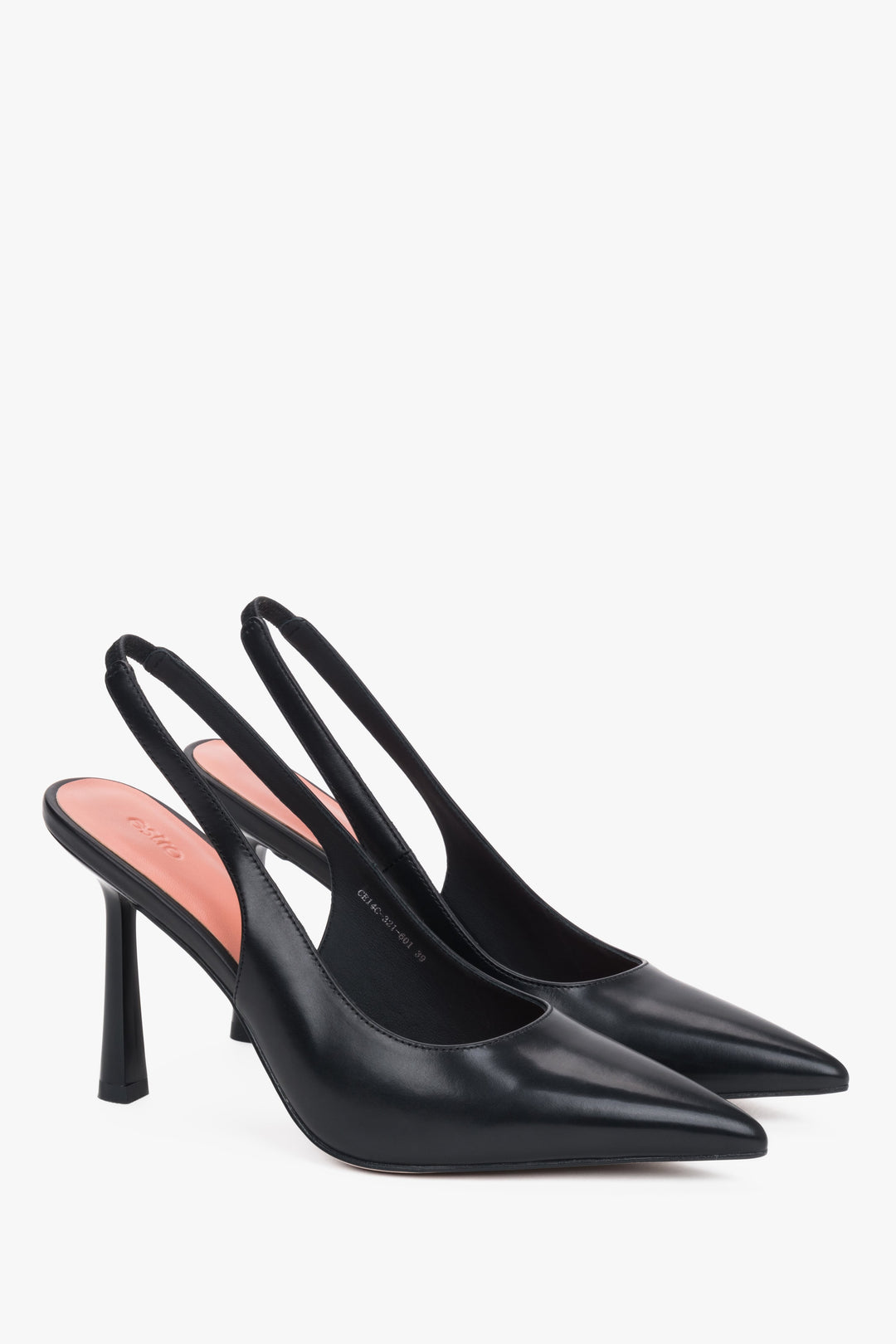 Czarne czółenka damskie typu slingback na wysokim obcasie ze skóry naturalnej.