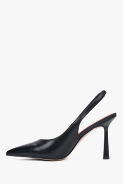 Damskie czarne czółenka typu slingback na wysokim obcasie ze skóry naturalnej Estro.