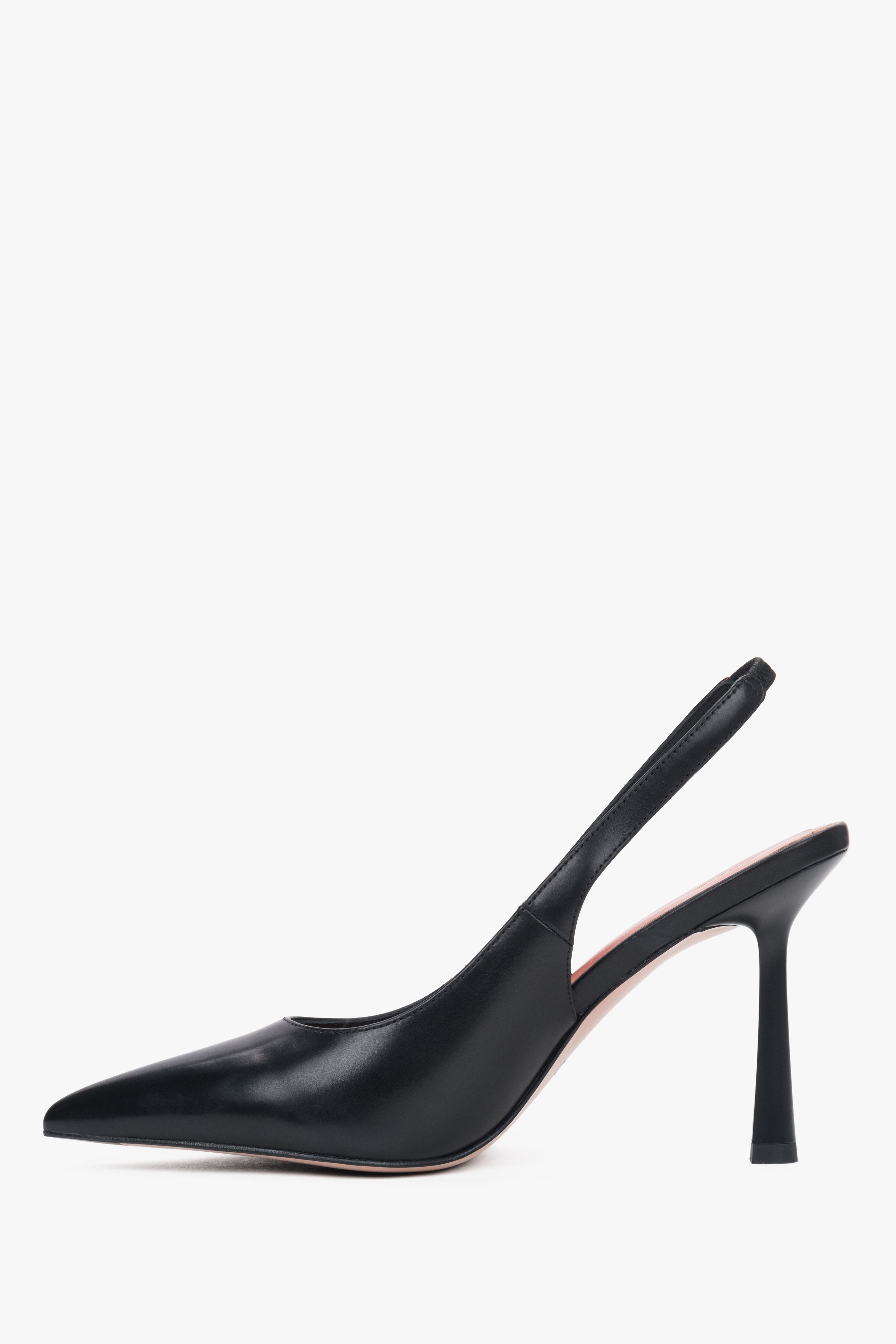 Damskie czarne czółenka typu slingback na wysokim obcasie ze skóry naturalnej Estro.