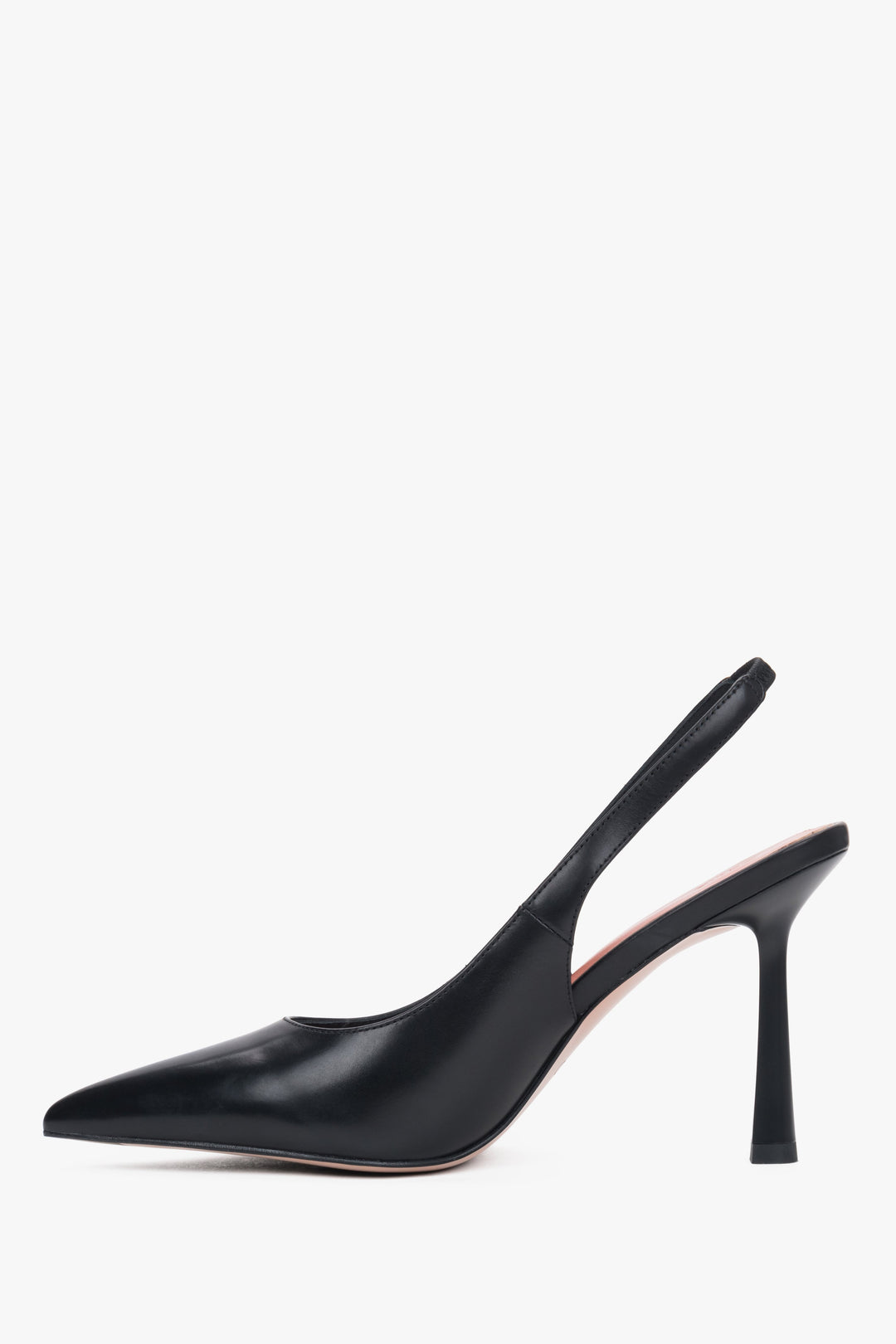 Damskie czarne czółenka typu slingback na wysokim obcasie ze skóry naturalnej Estro.