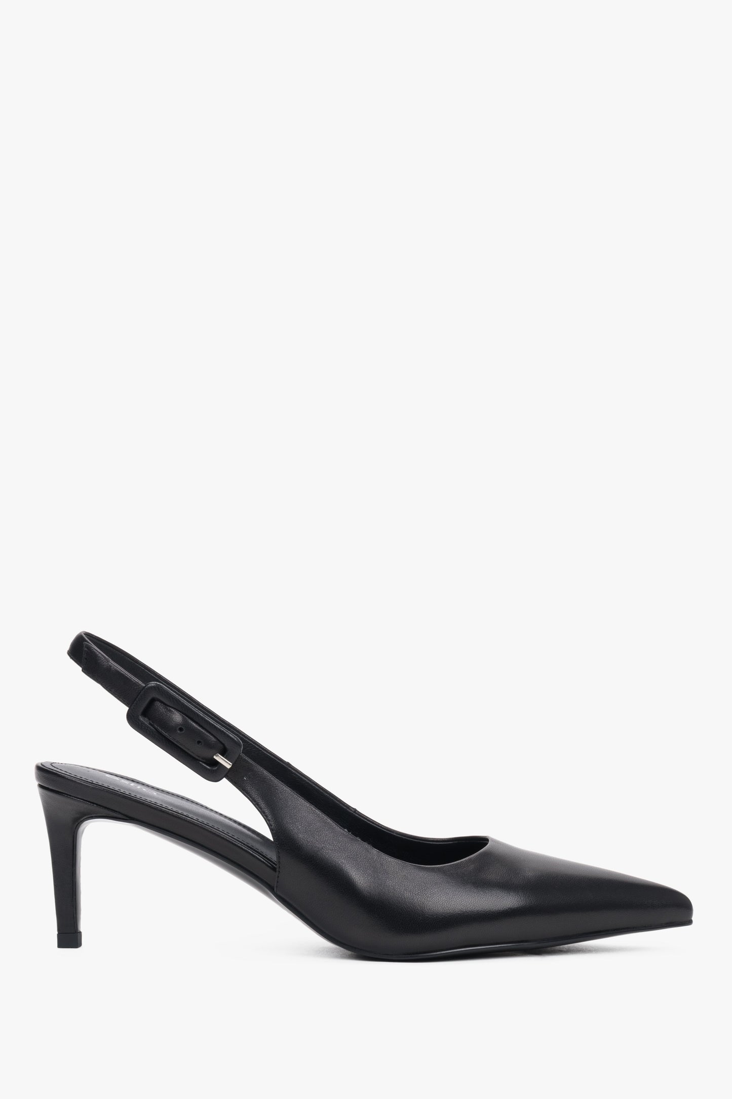 Czarne czółenka damskie typu slingback ze skóry naturalnej na stabilnej szpilce Estro ER00119689.