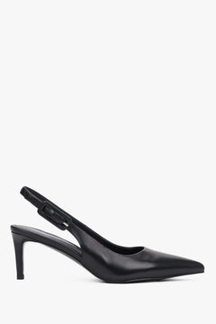 Czarne czółenka damskie typu slingback ze skóry naturalnej na stabilnej szpilce Estro ER00119689.