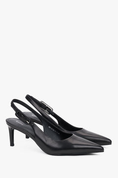 Czarne czółenka damskie typu slingback ze skóry naturalnej na stabilnej szpilce.