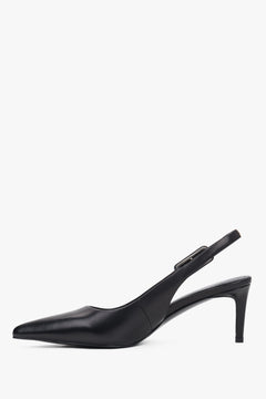 Damskie czarne czółenka typu slingback ze skóry naturalnej na stabilnej szpilce Estro.
