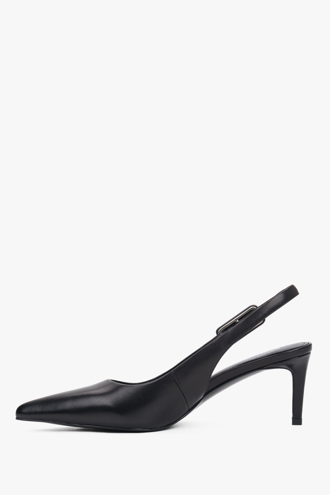 Damskie czarne czółenka typu slingback ze skóry naturalnej na stabilnej szpilce Estro.