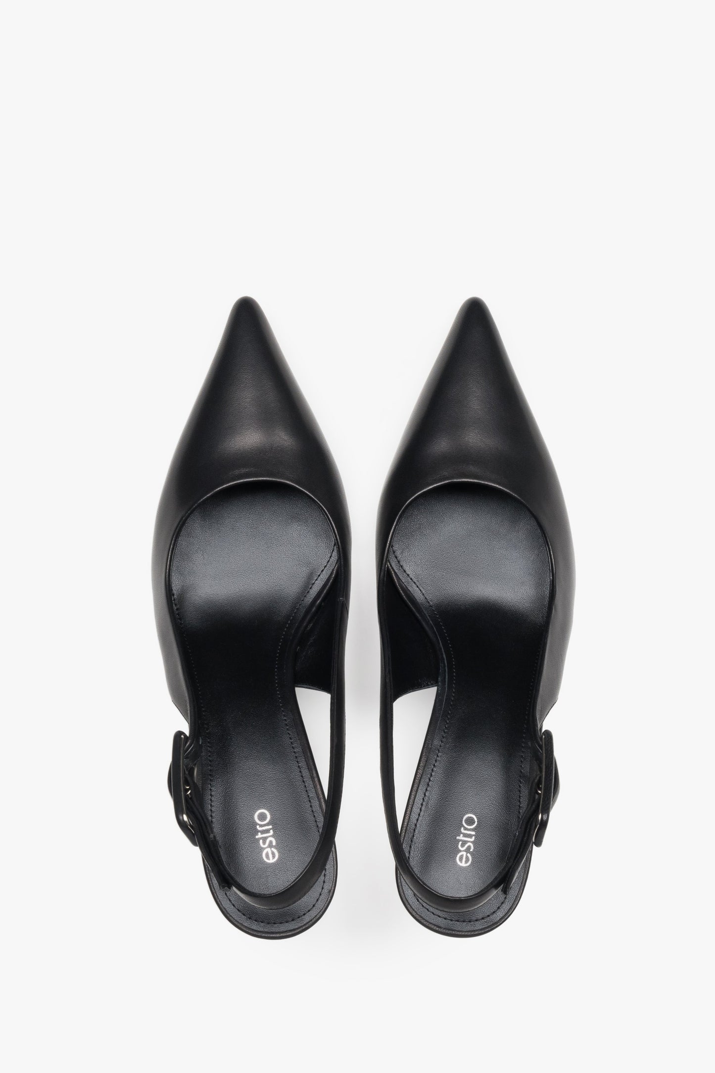 Czółenka damskie typu slingback, czarne, ze skóry naturalnej, na stabilnej szpilce, Estro.