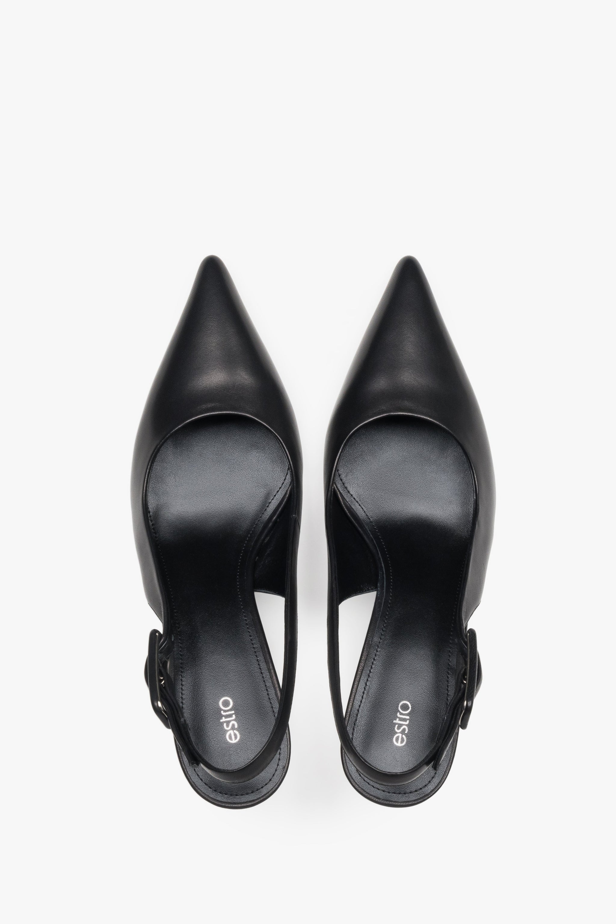Czółenka damskie typu slingback, czarne, ze skóry naturalnej, na stabilnej szpilce, Estro.