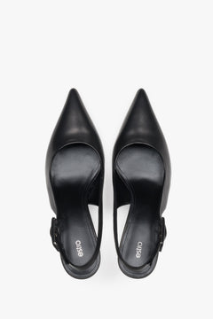 Czółenka damskie typu slingback, czarne, ze skóry naturalnej, na stabilnej szpilce, Estro.