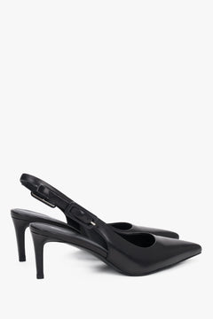 Czarne czółenka damskie Estro, typu slingback, ze skóry naturalnej, na stabilnej szpilce.