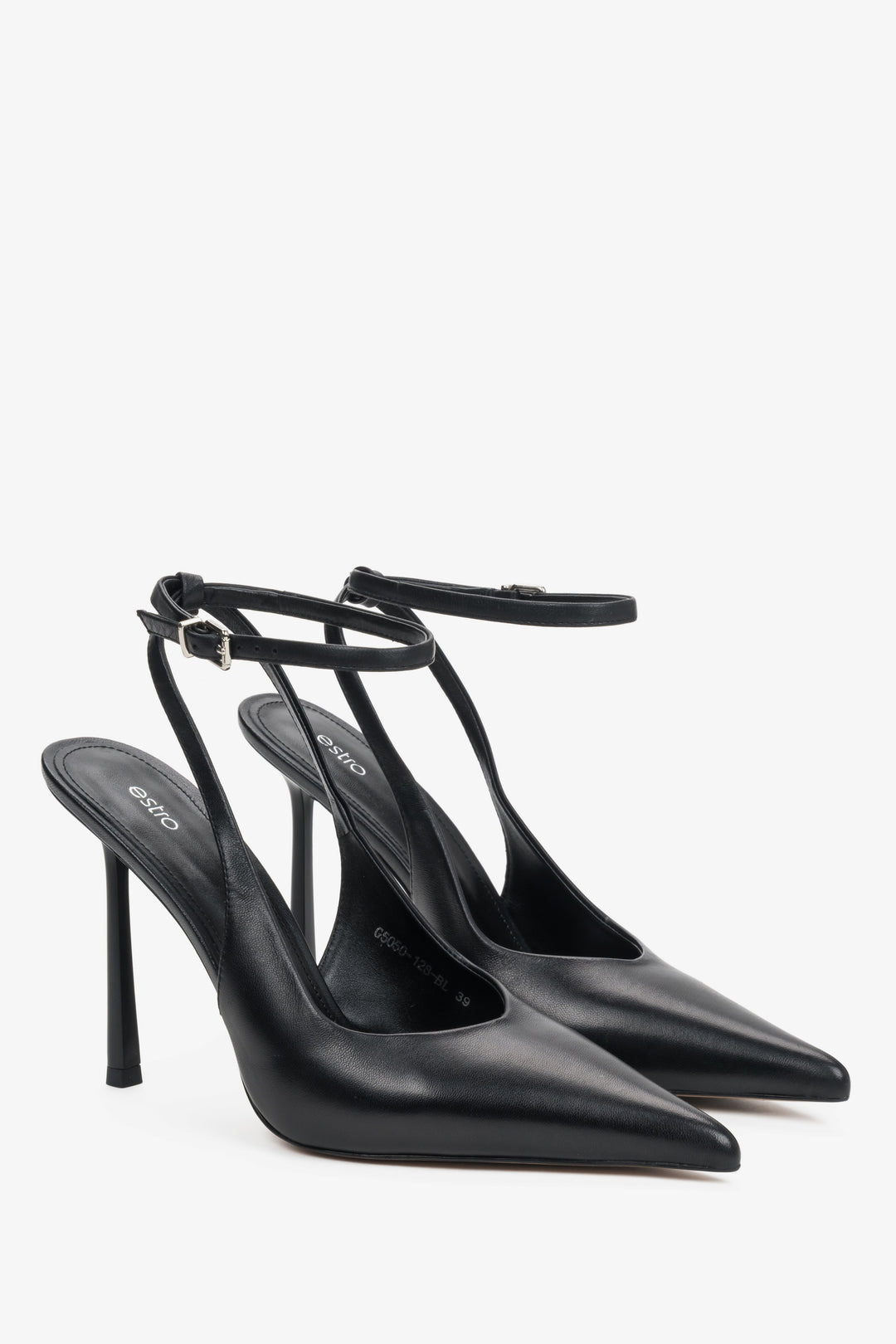 Czarne czółenka damskie z odkrytą piętą typu slingback ze skóry naturalnej Estro ER00119473.