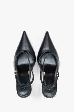 Czółenka damskie, czarne, z odkrytą piętą typu slingback, ze skóry naturalnej, Estro.