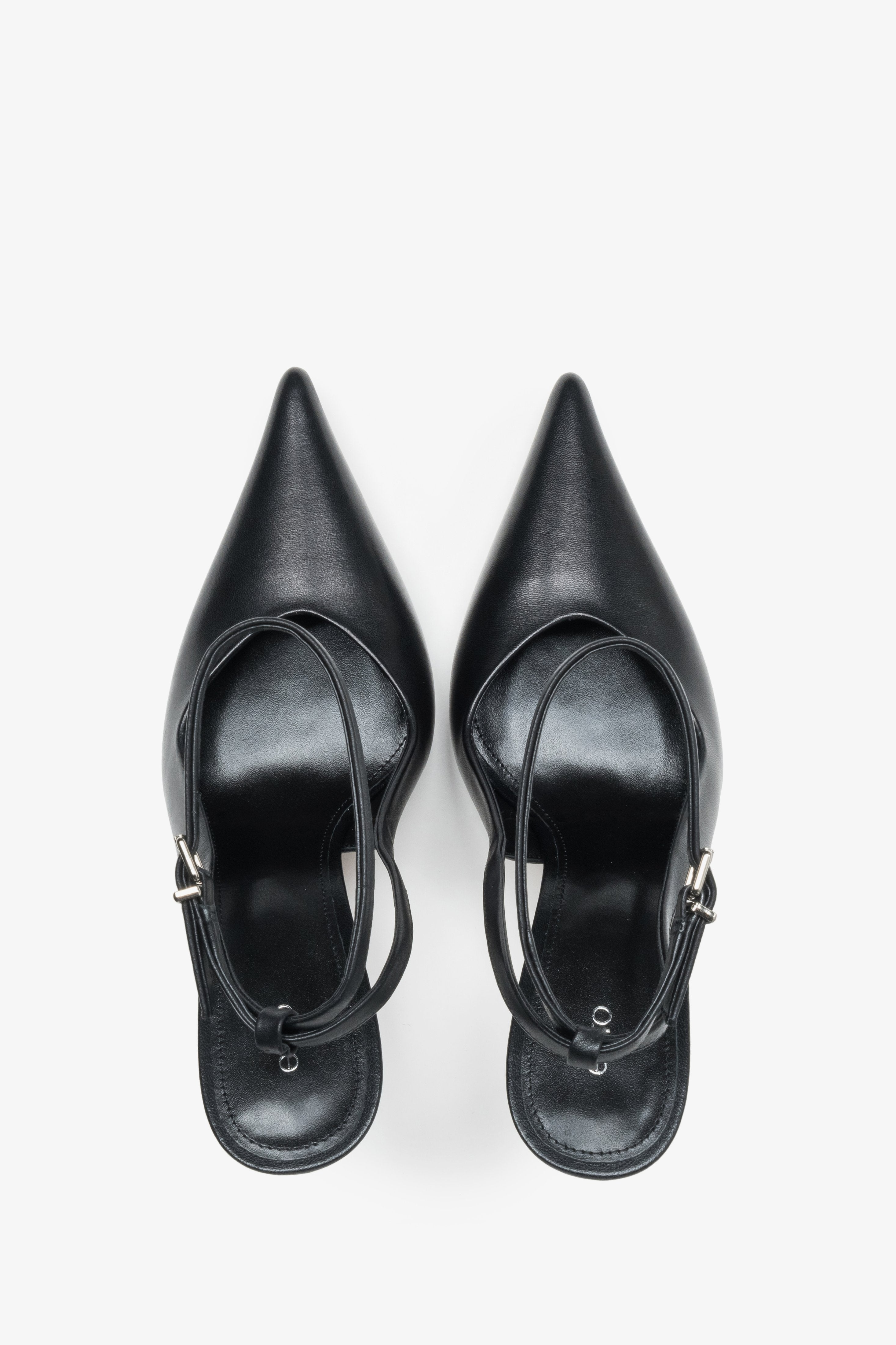 Czółenka damskie, czarne, z odkrytą piętą typu slingback, ze skóry naturalnej, Estro.