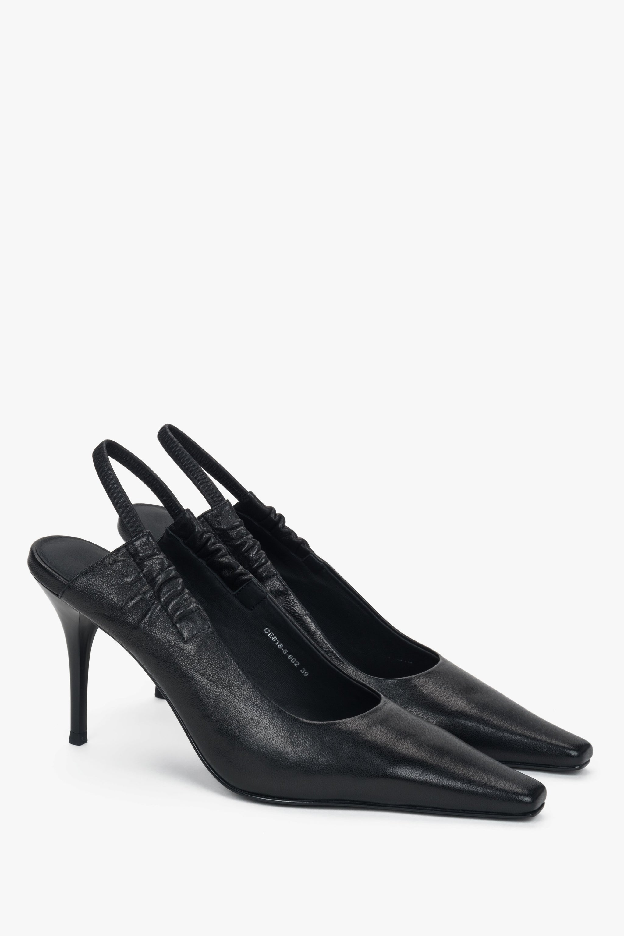 Czółenka damskie, czarne, z odkrytą piętą, ze skóry naturalnej, Estro Selection.
