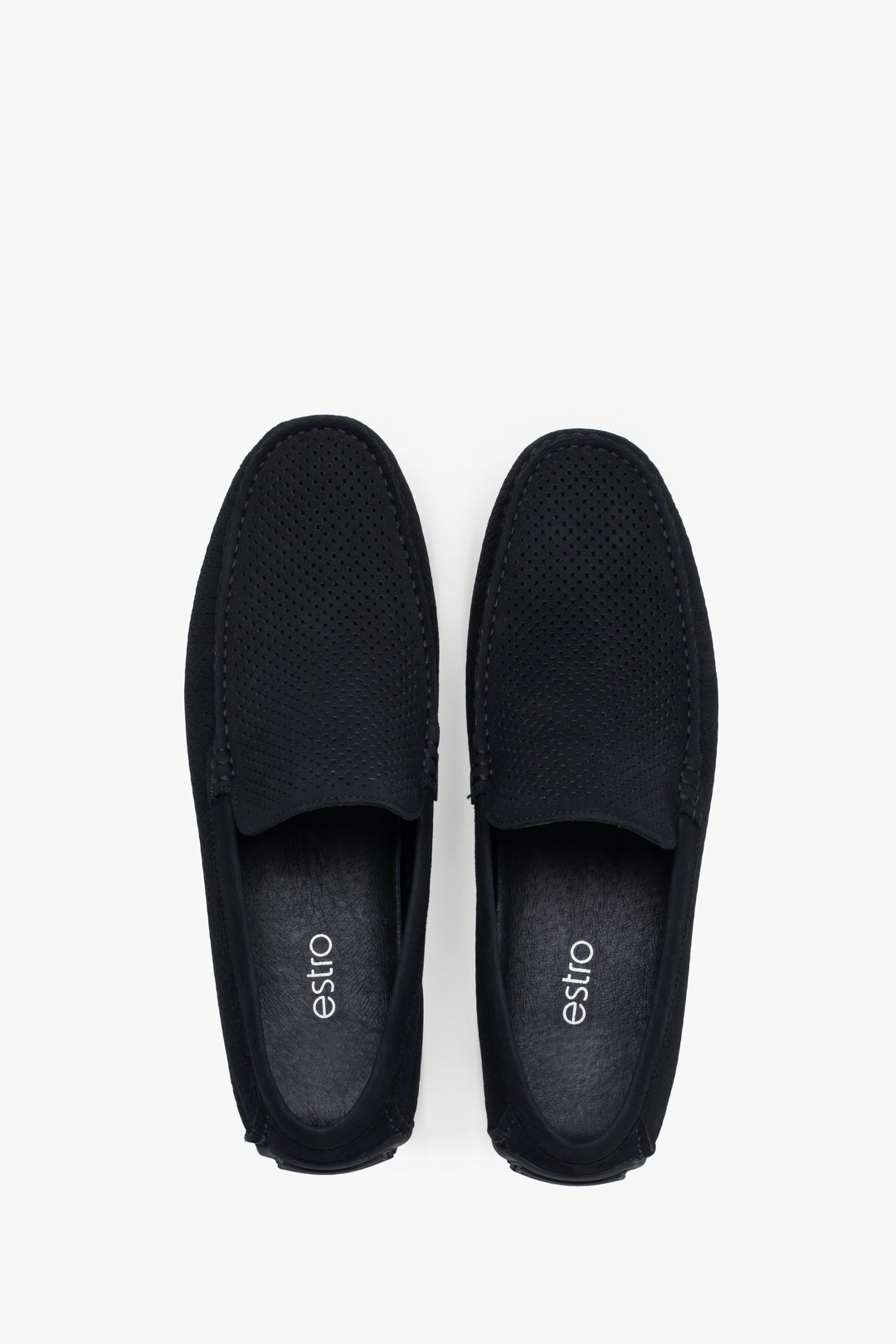 Mokasyny męskie elastyczne, czarne, z nubuku naturalnego, na lato, Estro.