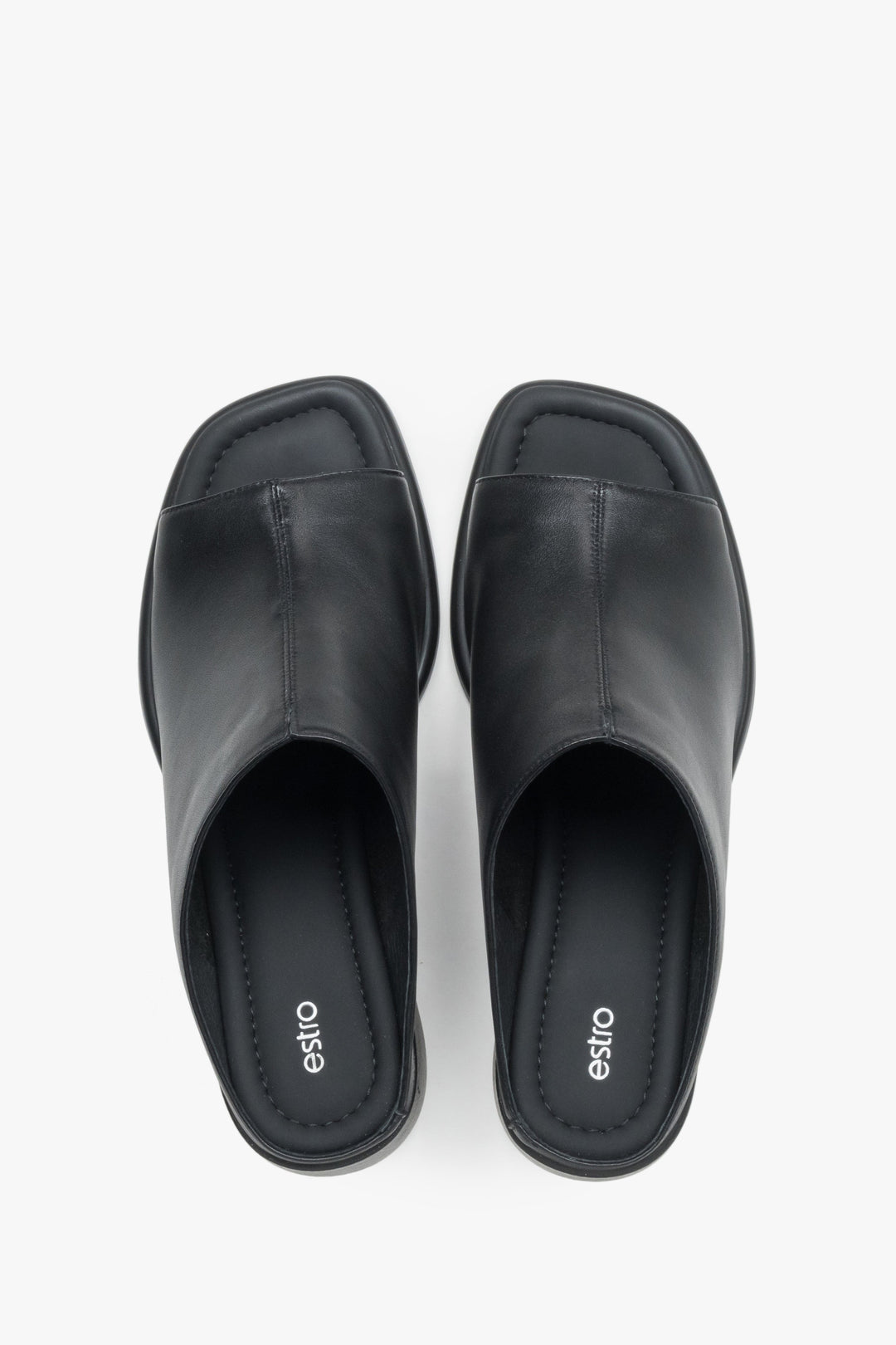 Klapki damskie, czarne, ze skóry naturalnej, na stabilnym obcasie klockowym, Estro.