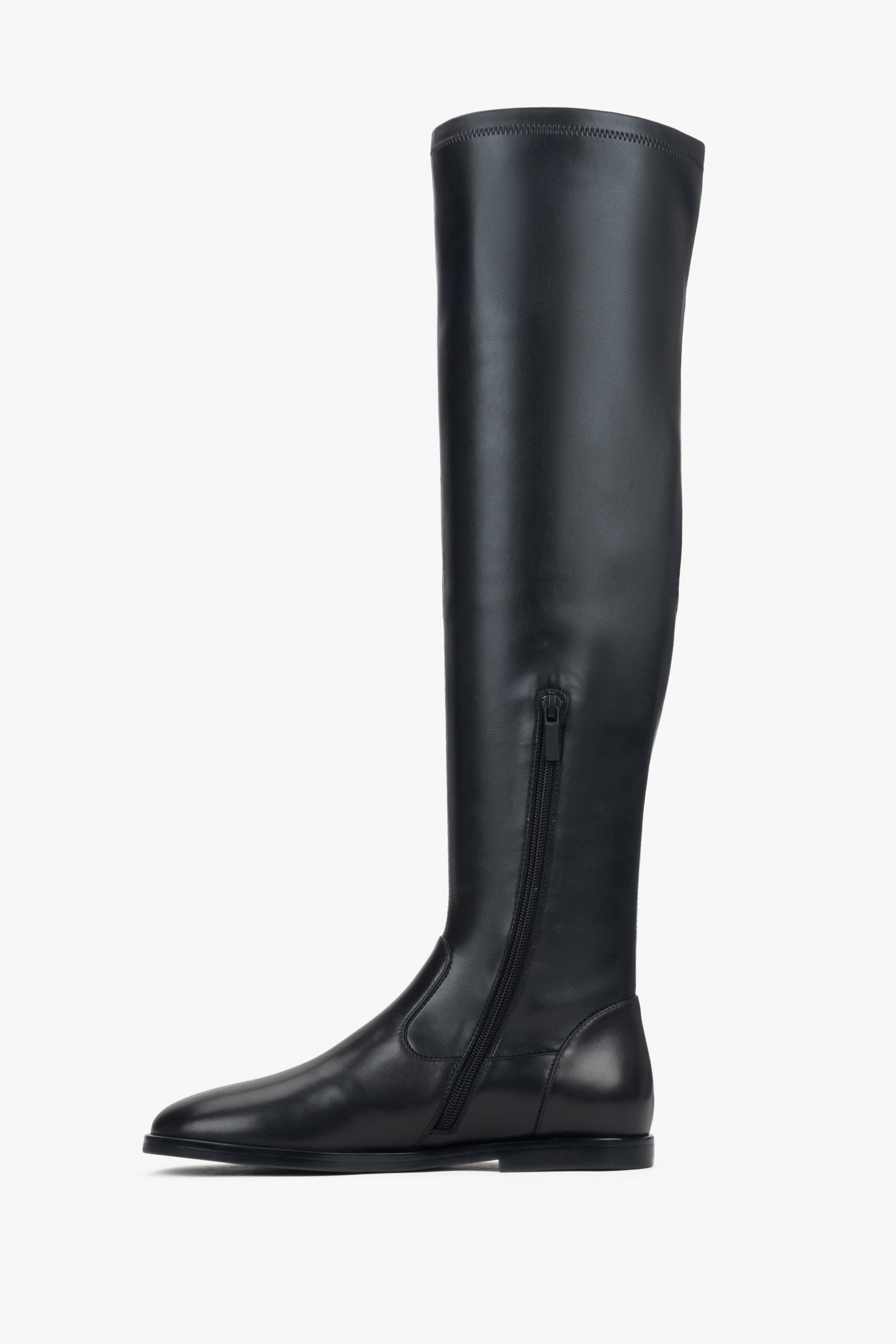 Kozaki damskie za kolano Estro, czarne, ze skóry naturalnej i stretchu.