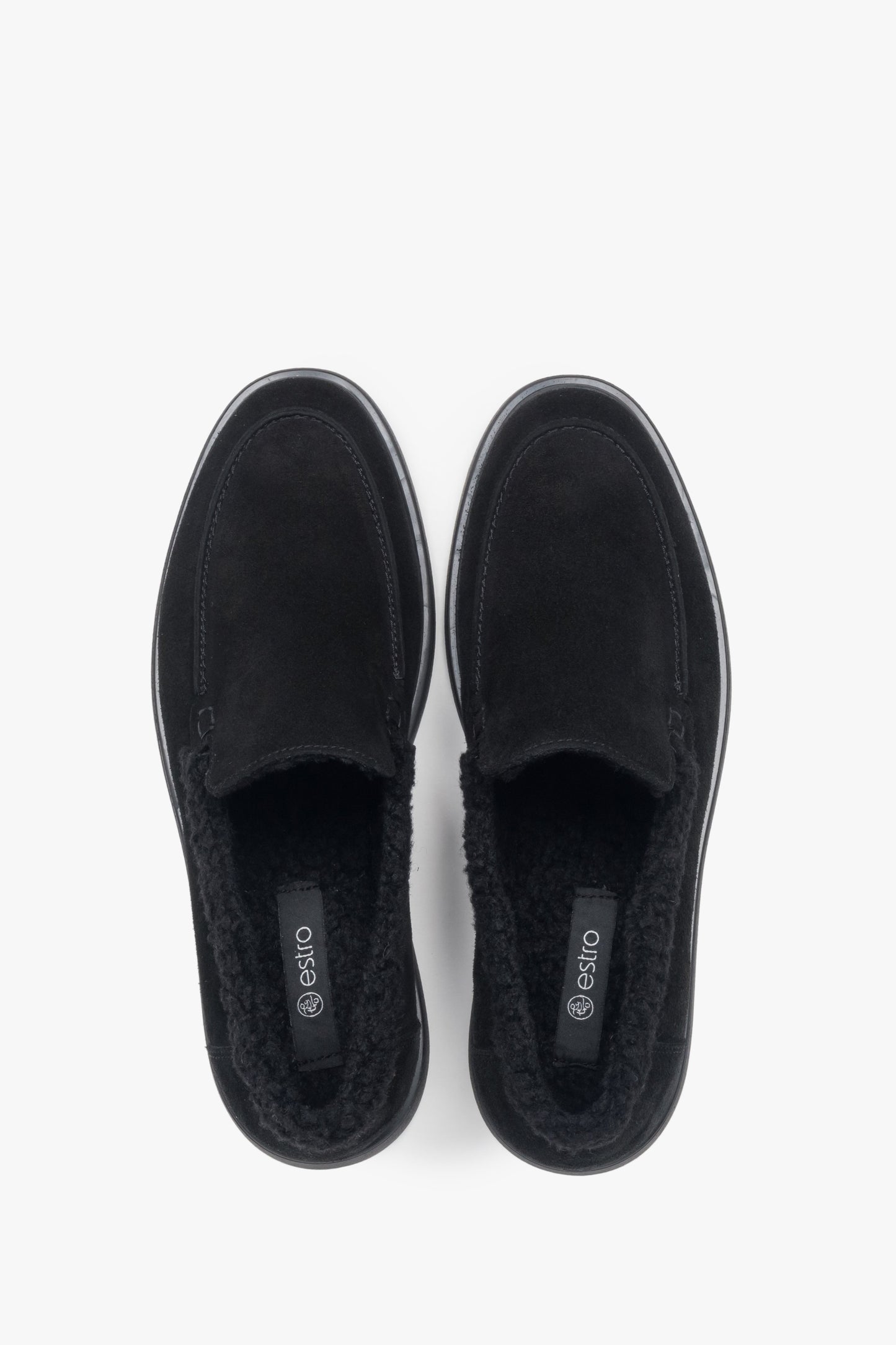 Loafersy damskie na zimę, czarne, z weluru naturalnego i futrzanym wsadem, Estro ER00118203.