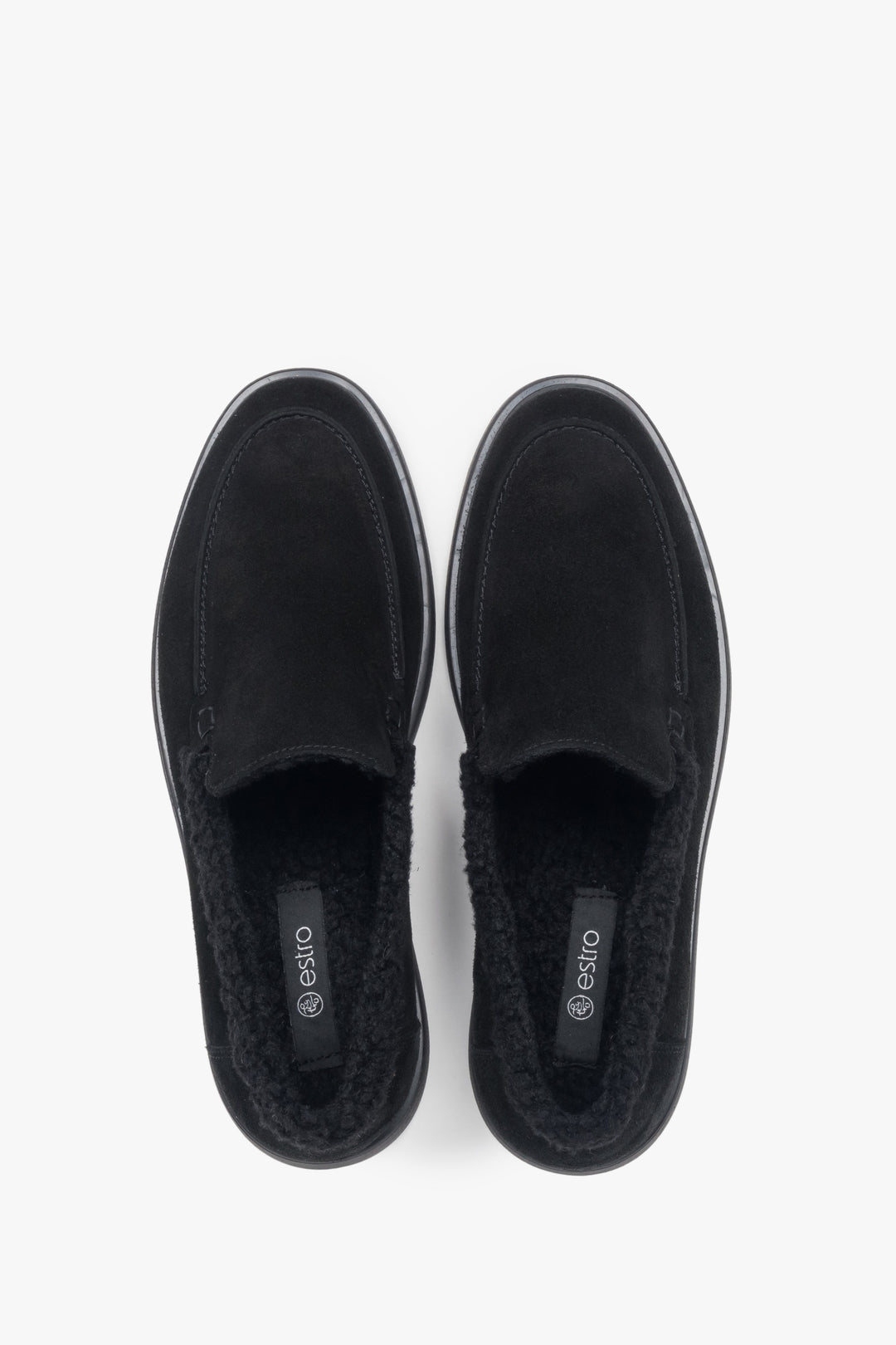 Loafersy damskie na zimę, czarne, z weluru naturalnego i futrzanym wsadem, Estro ER00118203.