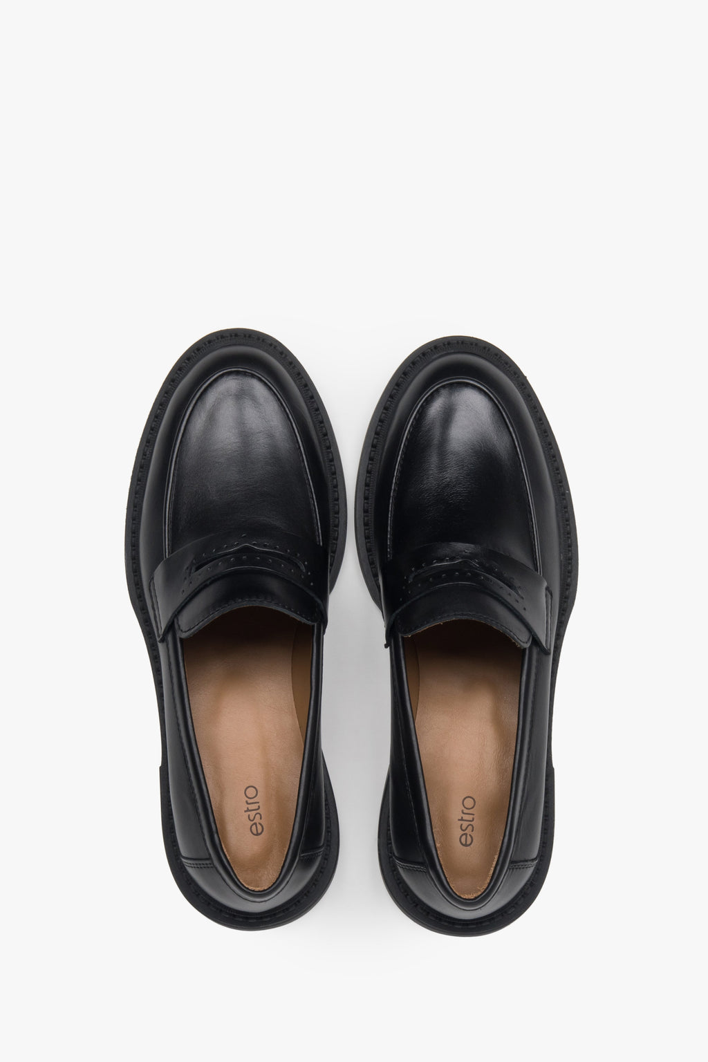Czarne skórzane loafersy damskie typu Penny z włoskiej skóry naturalnej.