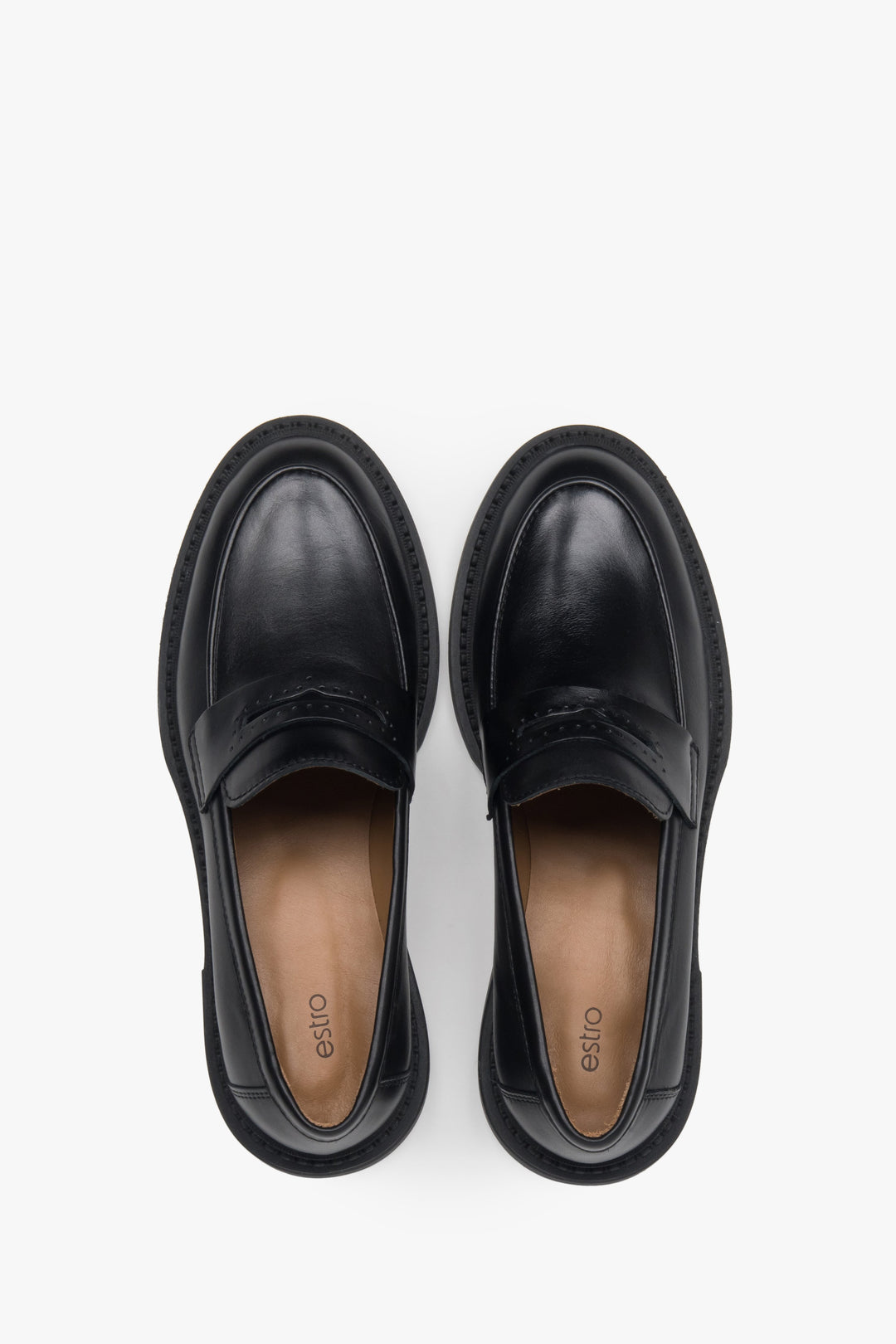 Czarne skórzane loafersy damskie typu Penny z włoskiej skóry naturalnej.