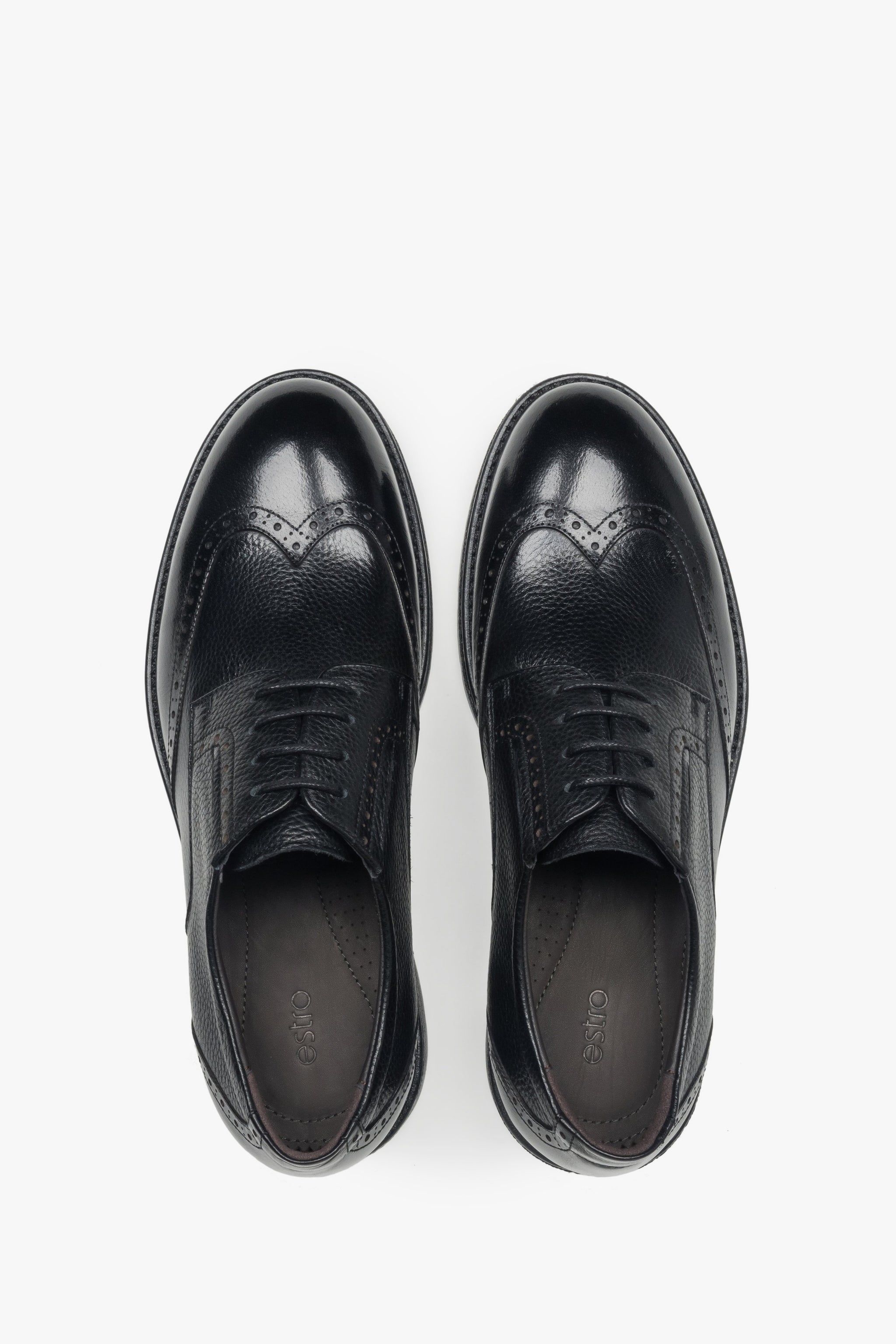 Półbuty męskie typu brogue, czarne, ze skóry naturalnej, Estro.