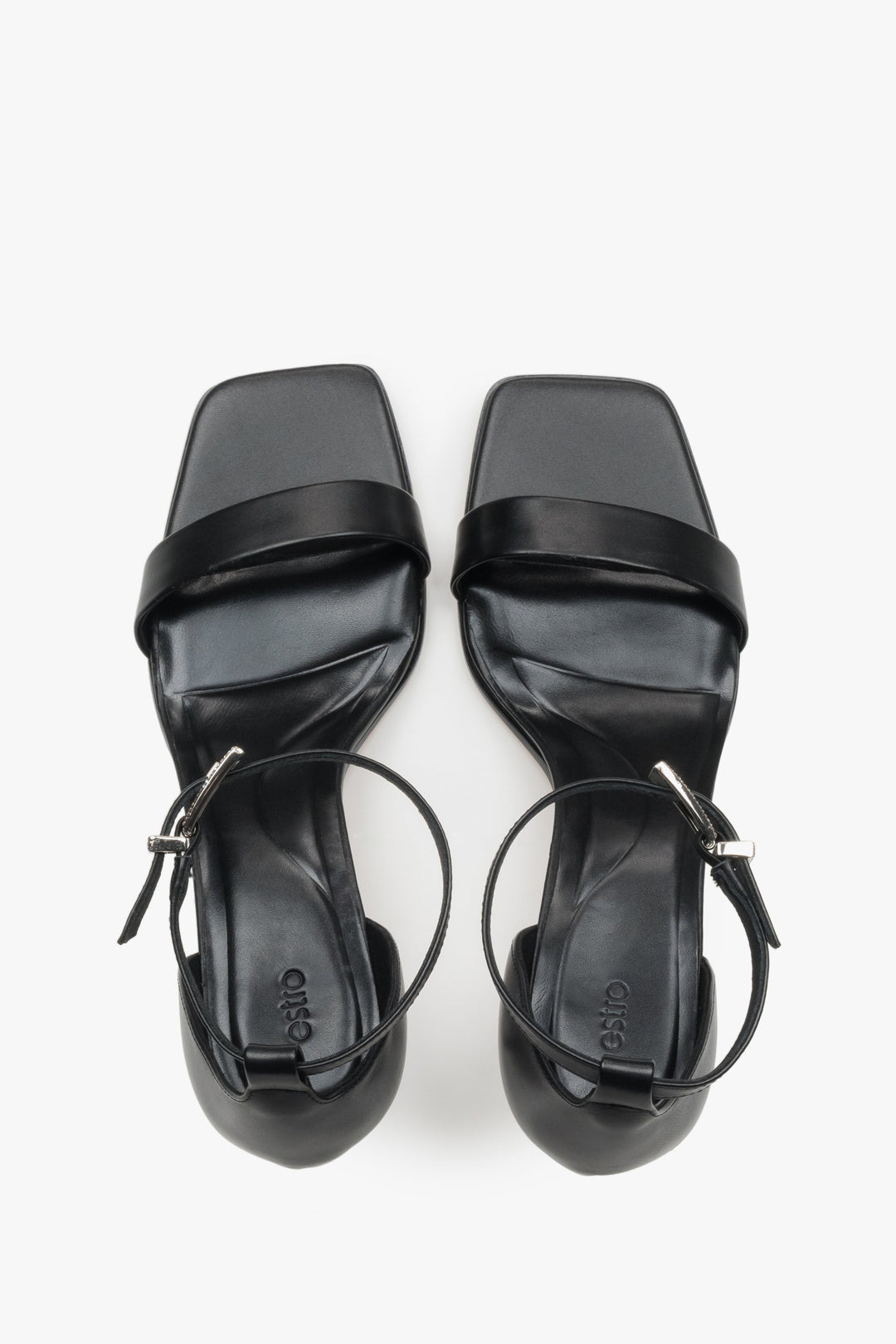 Sandałki damskie, czarne, na niskim obcasie, ze skóry naturalnej, Estro.