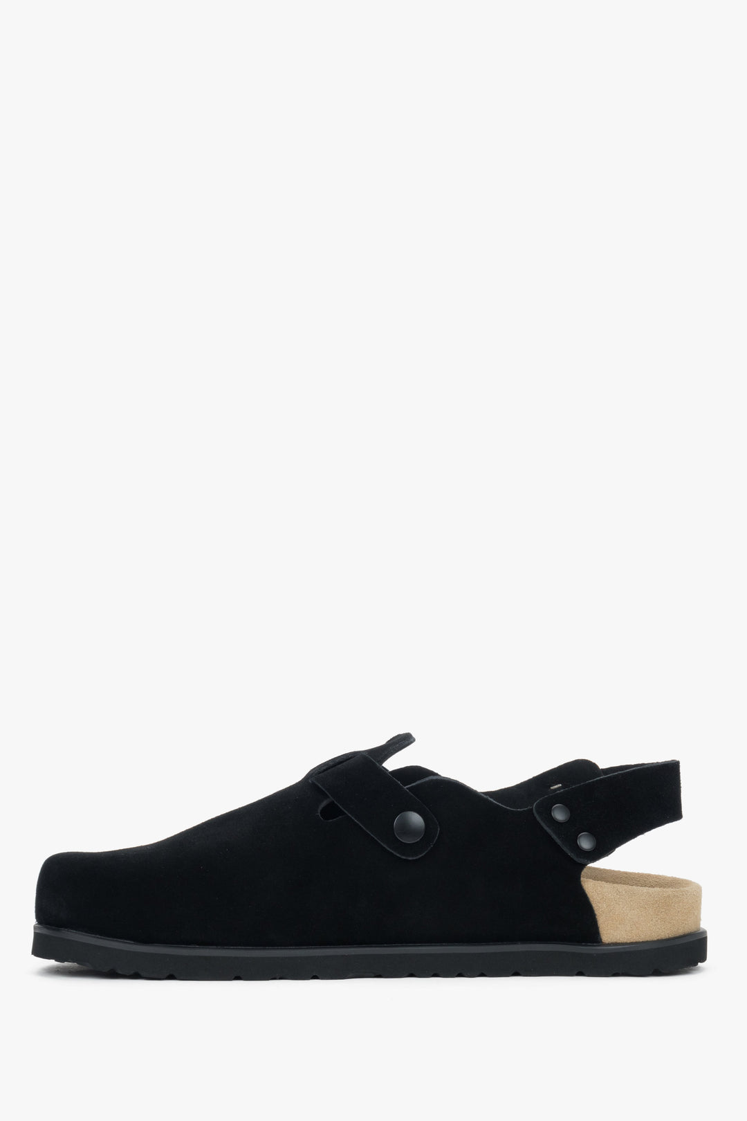 Czarne sandały damskie Estro, typu chodaki, z weluru naturalnego, z zabudowaną linią palców.