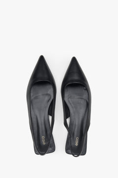 Eleganckie czarne sandały damskie na płaskim obcasie, slingback, szpiczasty nosek.