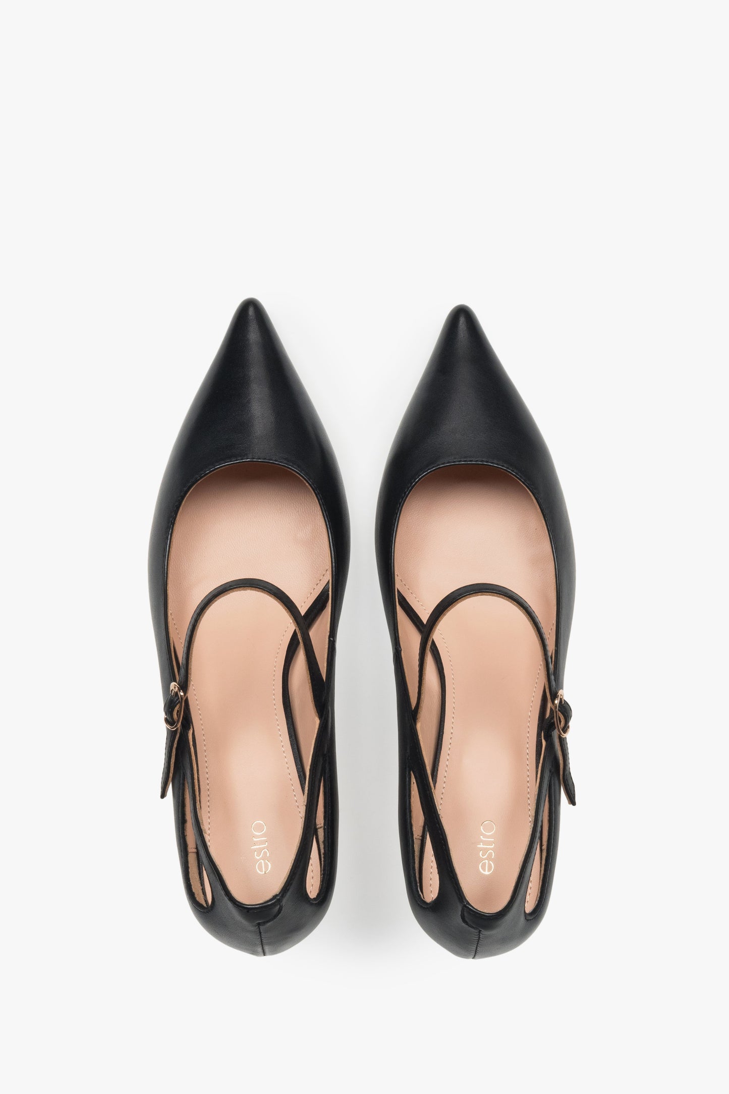 Buty damskie Estro, czarne, skórzane, na niskim obcasie, ze sprzączką.