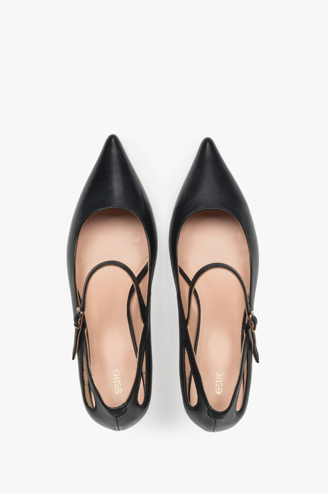 Buty damskie Estro, czarne, skórzane, na niskim obcasie, ze sprzączką.