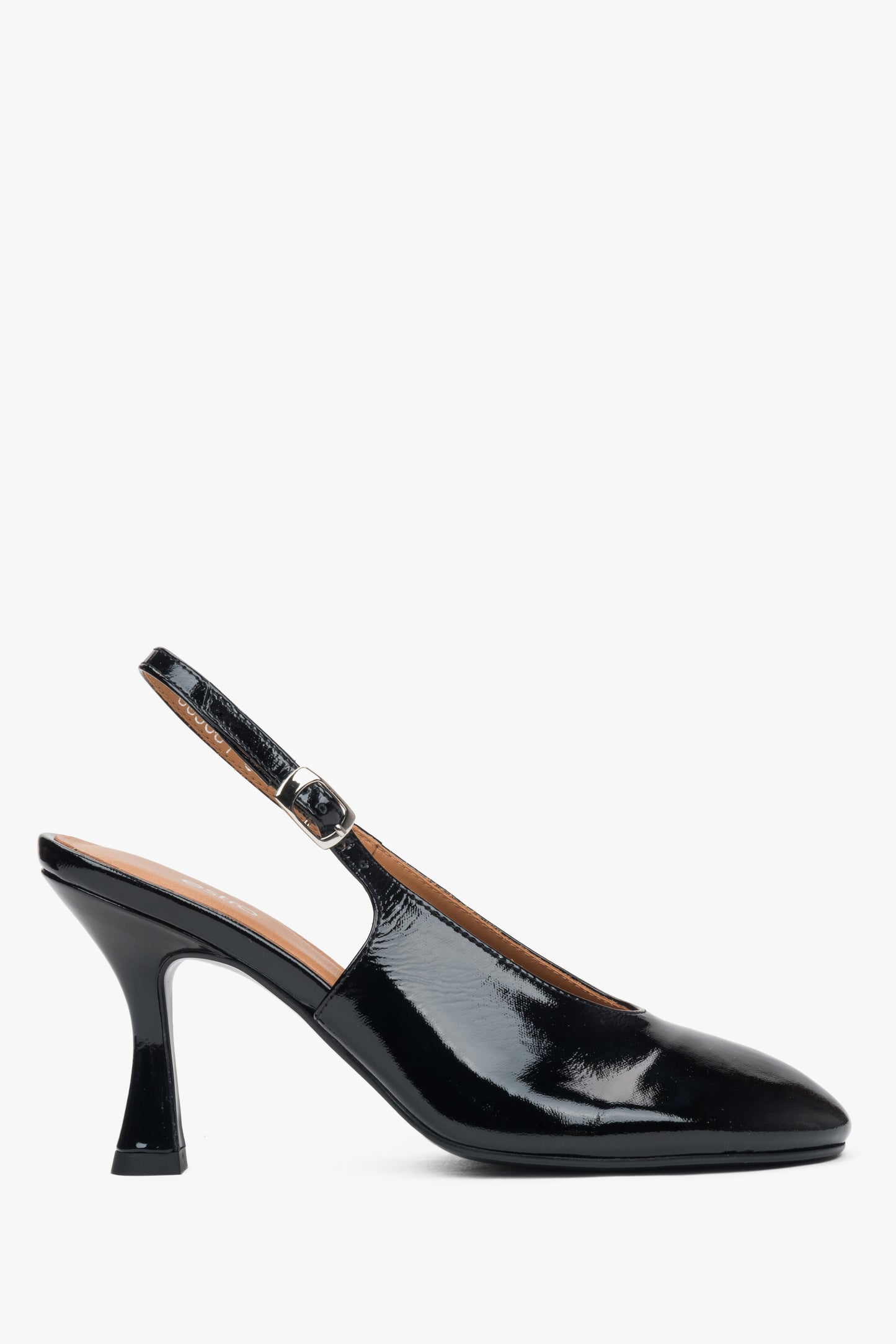 Eleganckie czarne buty typu slingback na obcasie z lakierowanej skóry Estro.