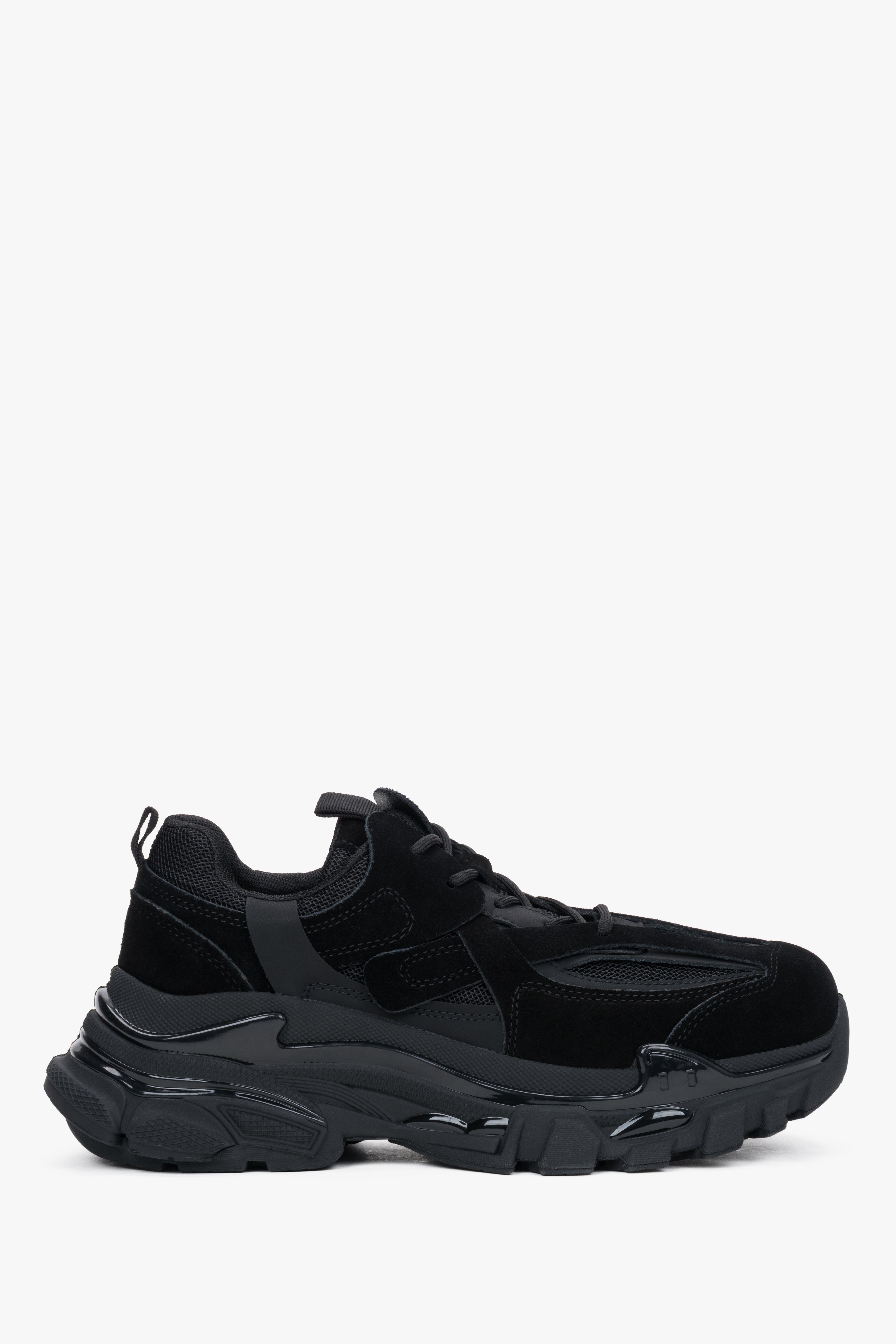 ES8 - czarne sneakersy damskie na grubej podeszwie z weluru naturalnego.