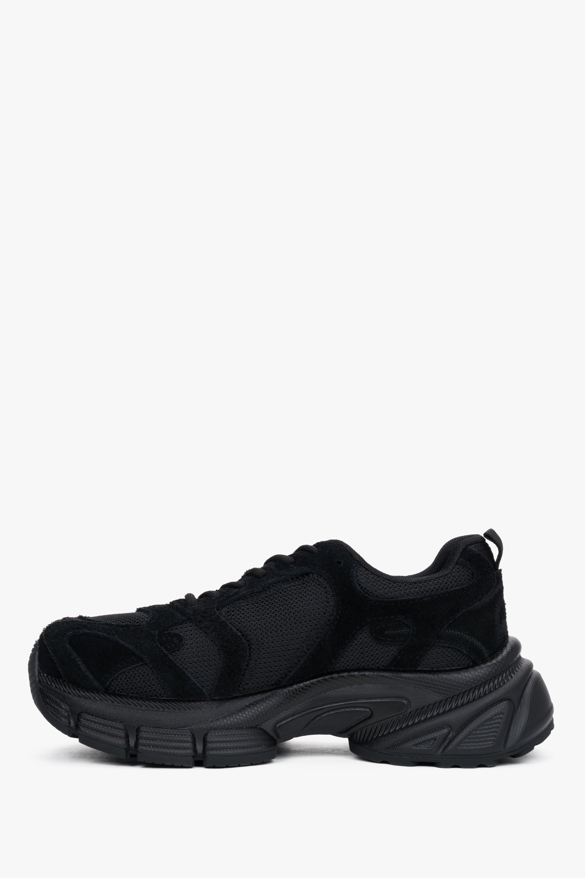 Sneakersy damskie na platformie, czarne, z weluru naturalnego i przewiewnej siateczki, ES8.