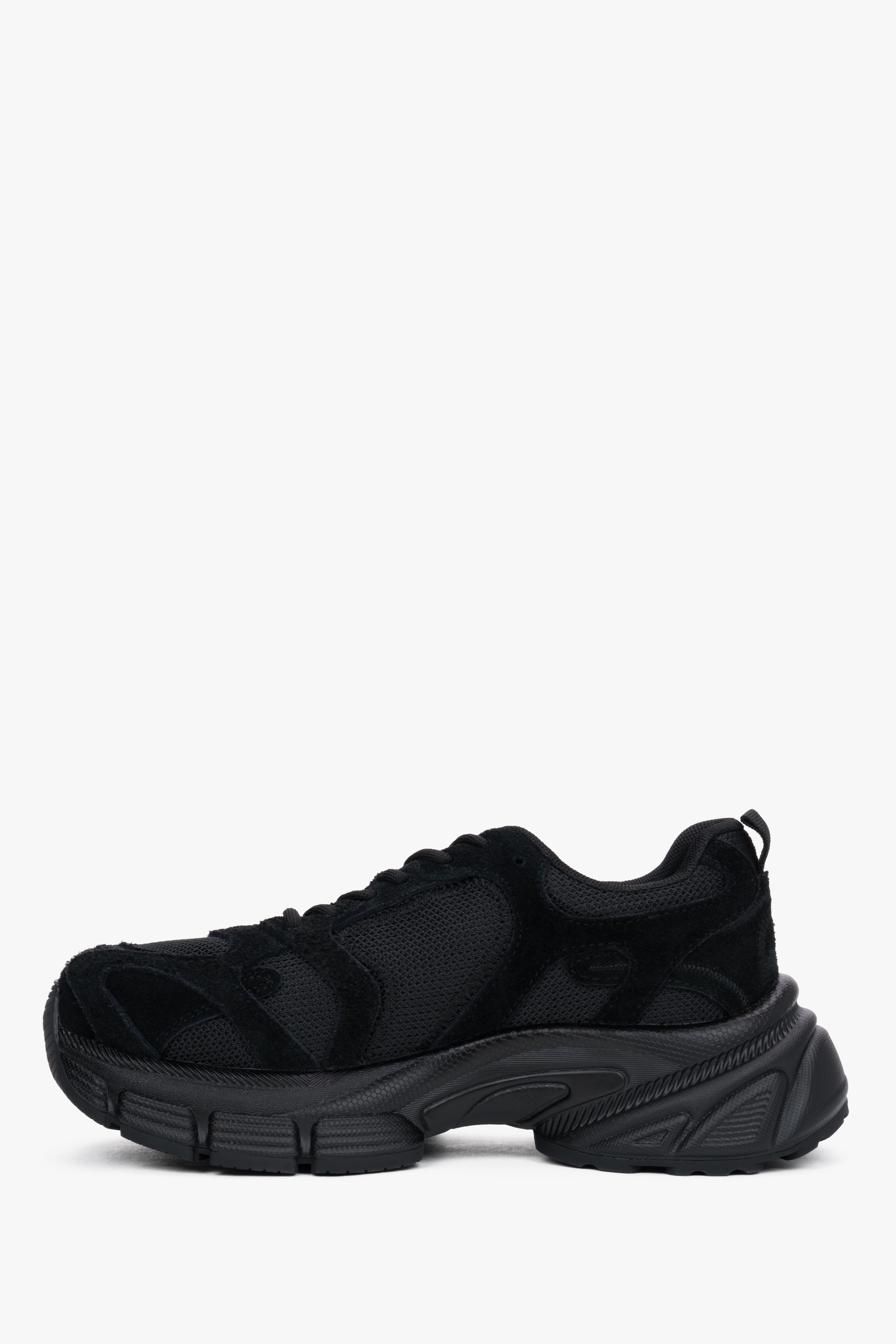 Sneakersy damskie na platformie, czarne, z weluru naturalnego i przewiewnej siateczki, ES8.