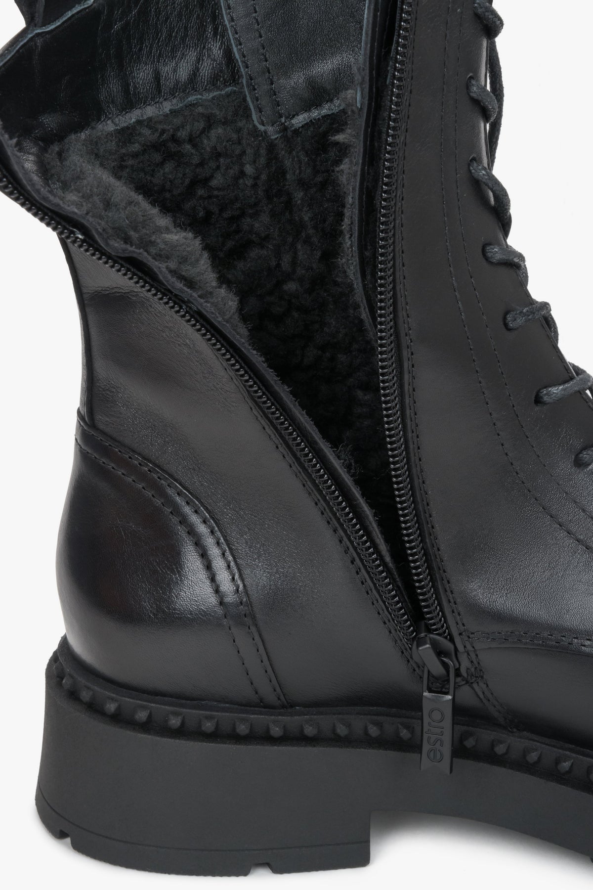 Stylowe czarne buty damskie typu trzewiki ze skóry klasy Premium z grubą podeszwą Estro
