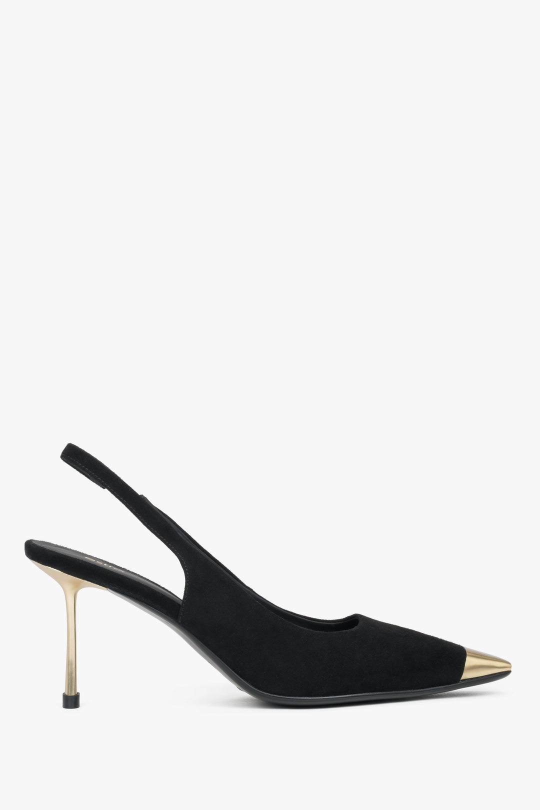 Czarne welurowe czółenka damskie typu slingback na szpilce ze złotymi detalami.