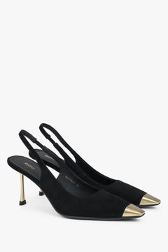 Damskie czarne welurowe czółenka typu slingback na szpilce ze złotymi detalami Estro.